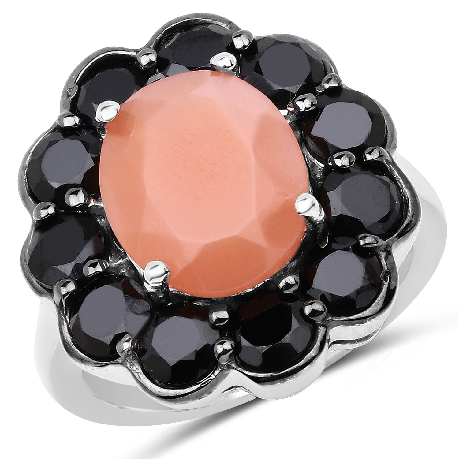 7.88 Carat Genuine Peach Moonstone and Black Spinel .925 Sterling Silver Ring on sale at MyriadMart