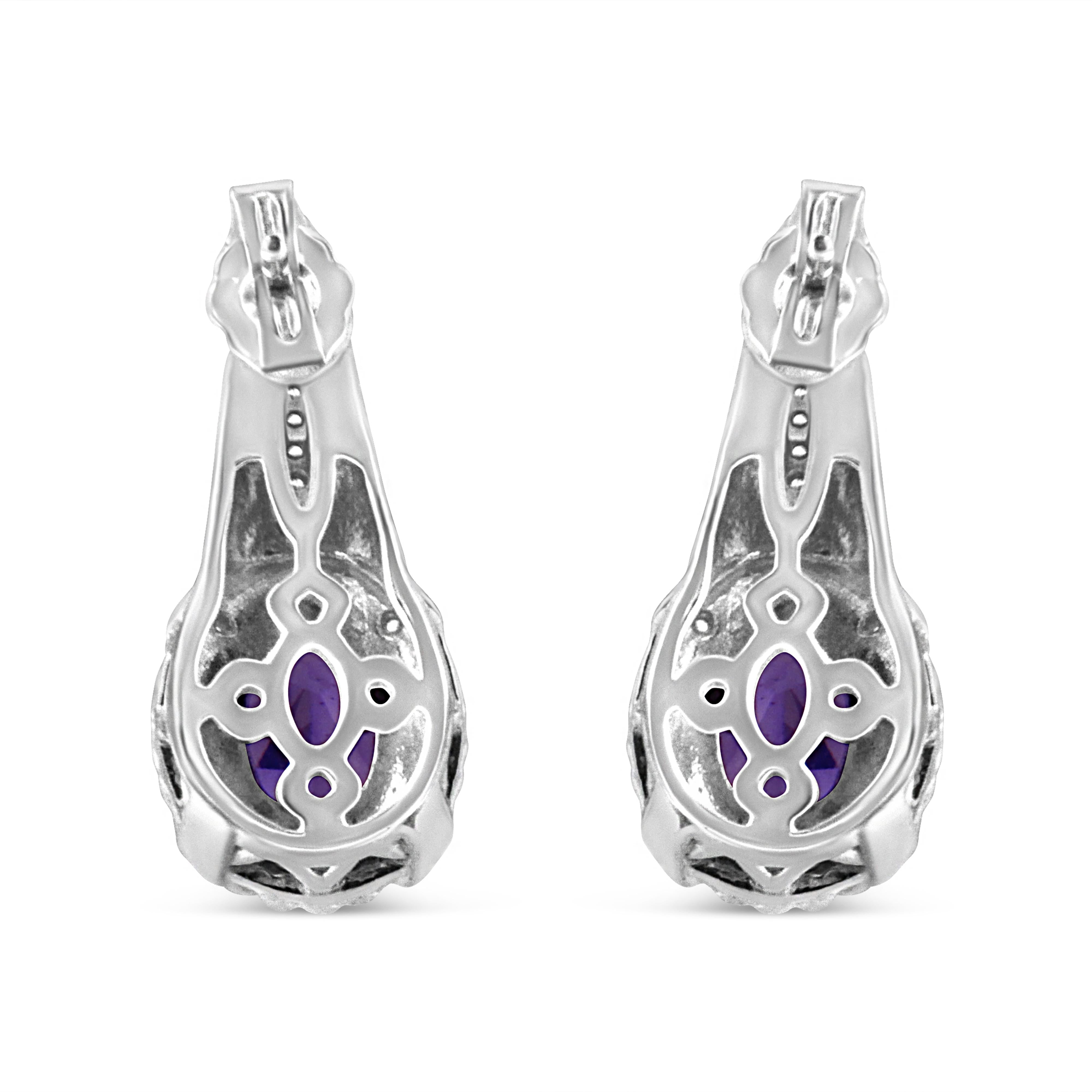 .925 Sterling Silver 8x6 MM Natural Oval Purple Amethyst Gemstone and Diamond Accent Art Deco Style Drop and Dangle Earrings I-J Color, I1-I2 Clarity on sale at MyriadMart