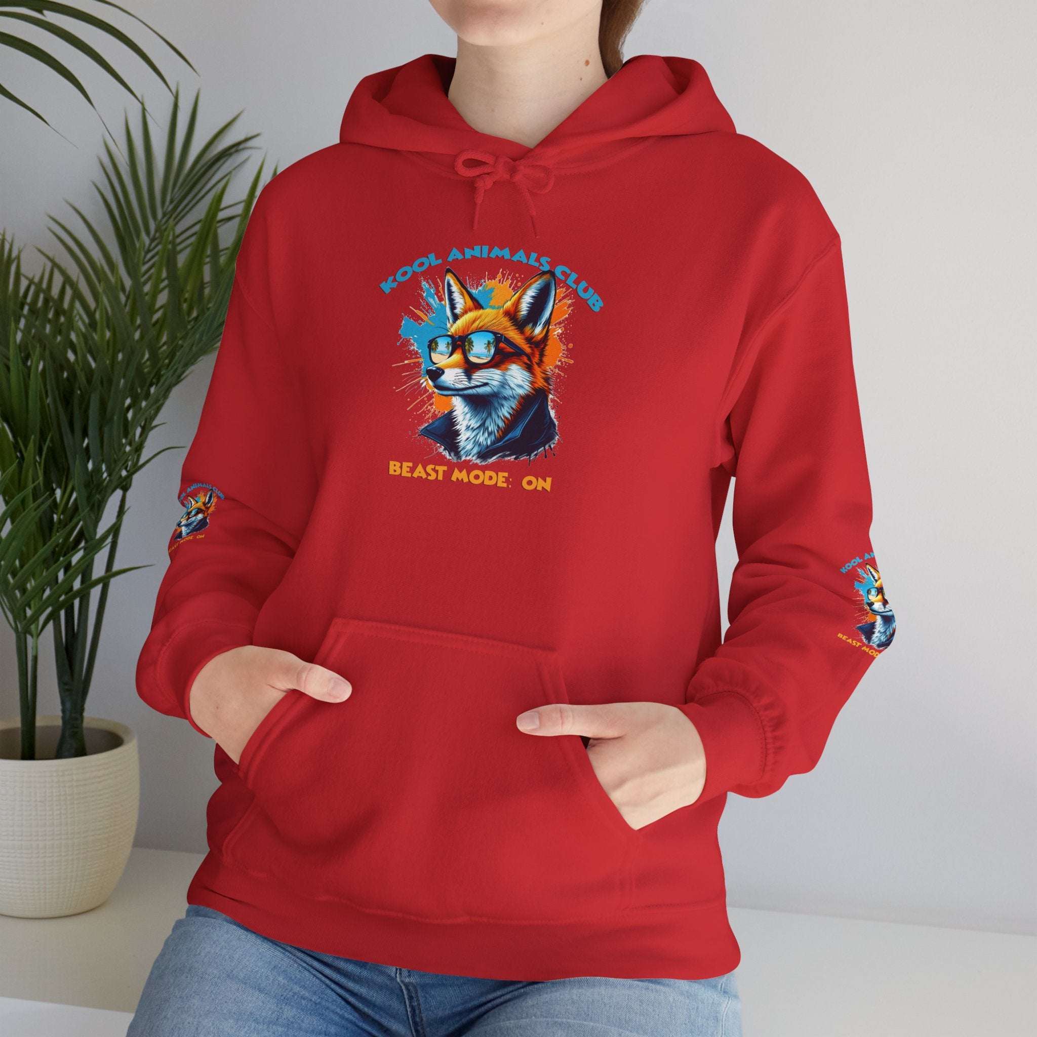 Kool Animals Club Hoodie with Cool Fox in Sunglasses and ‘Beast Mode On’ Design, Unisex Sweatshirt for Animal Lovers, Casual Streetwear, Perfect Gift for Holidays on sale at MyriadMart