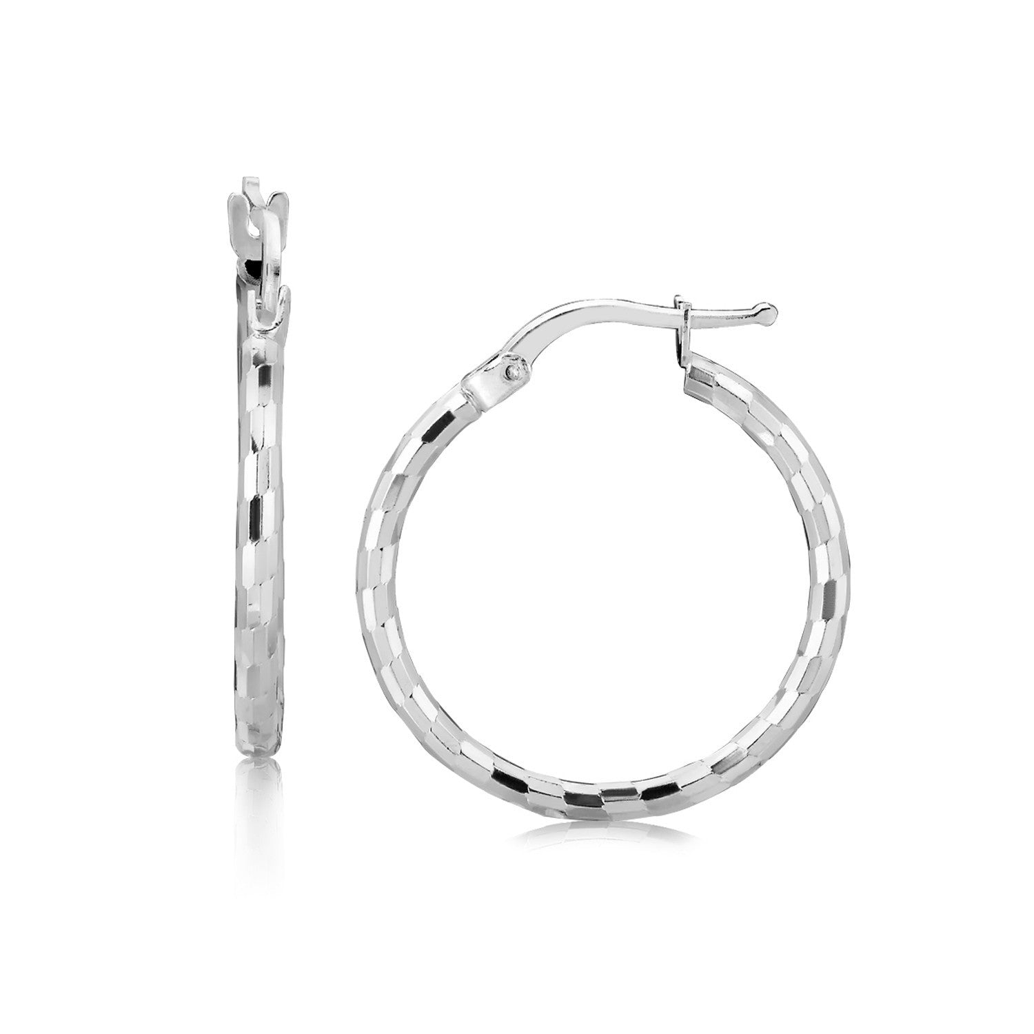 Sterling Silver Diamond Cut Hoop Earrings with Rhodium Plating 20mm on sale at MyriadMart