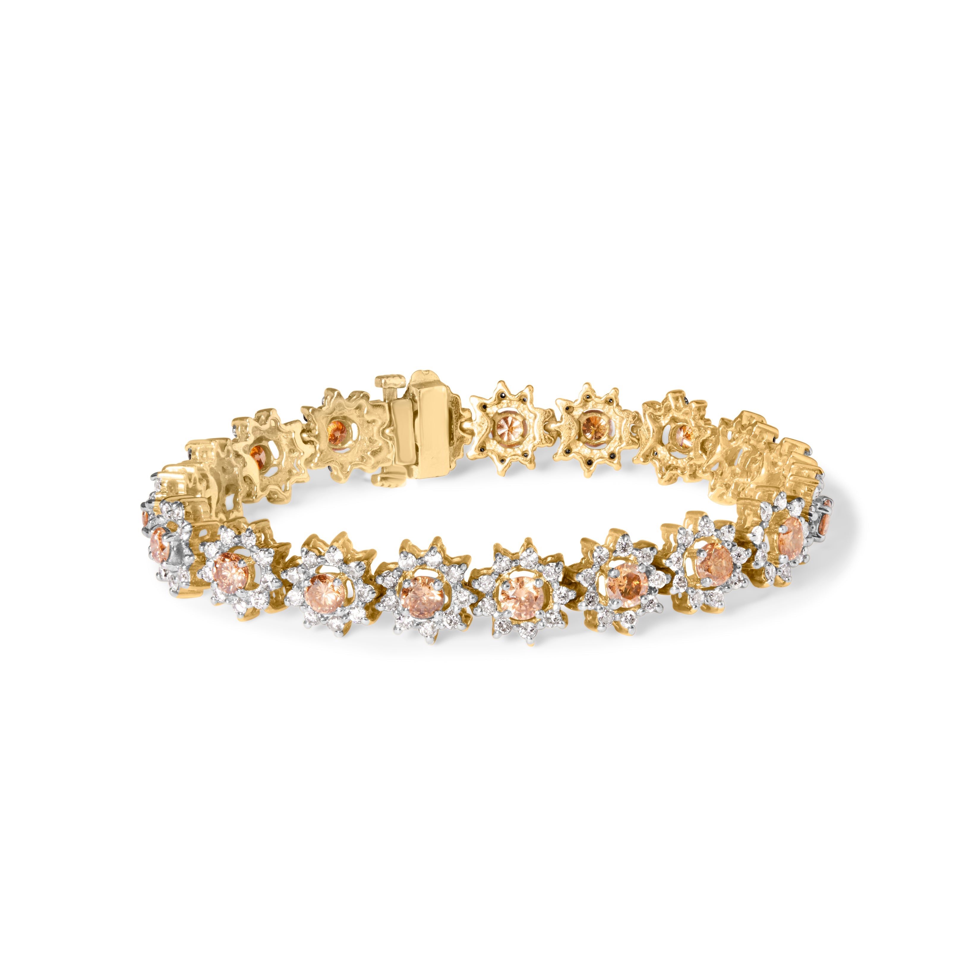 14K Yellow Gold 8.00 Cttw Champagne Diamond Floral Cluster Halo Link Bracelet H-I Color, I1-I2 Clarity on sale at MyriadMart