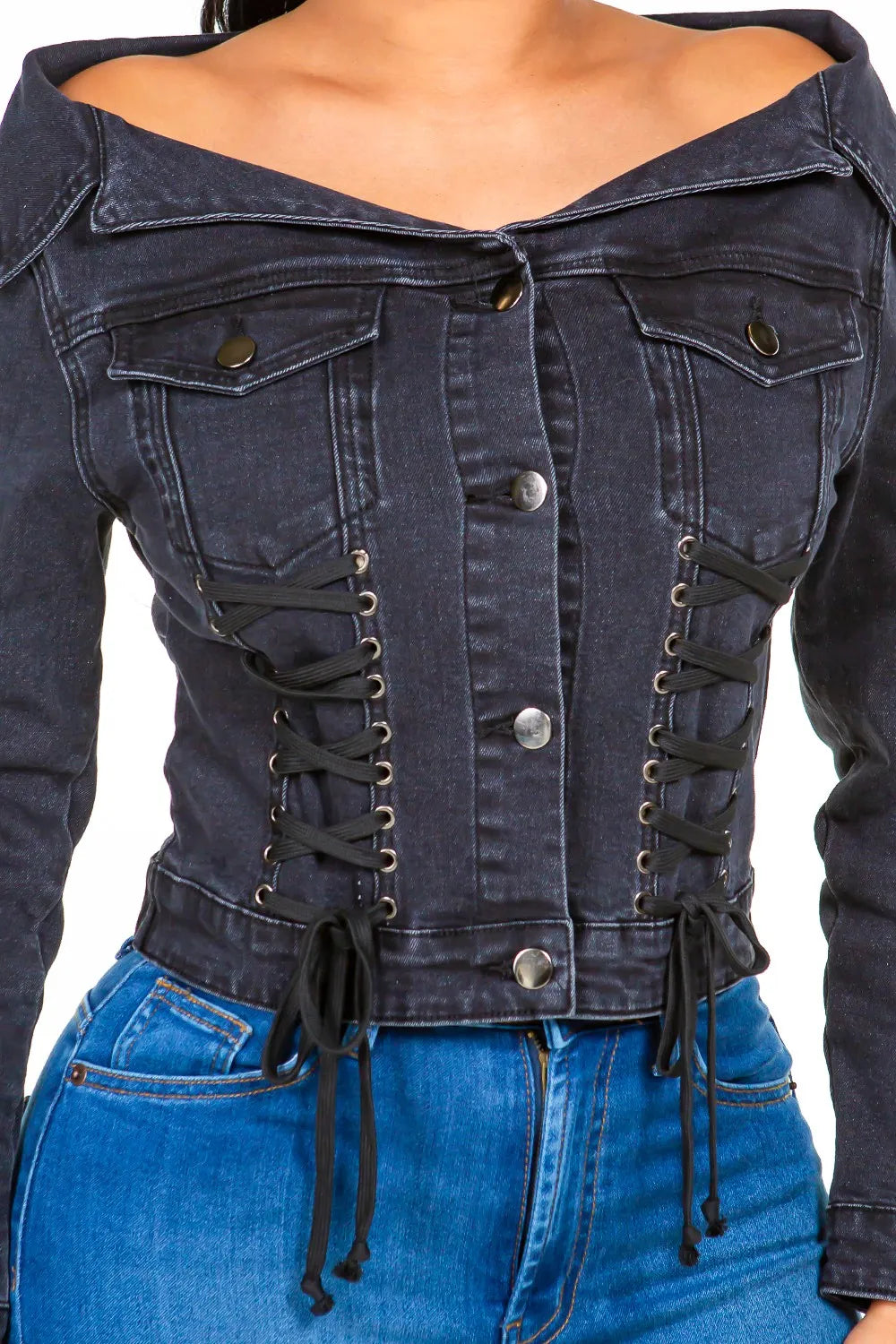 American Bazi Off Shoulder Lace Up Denim Jacket - MyriadMart