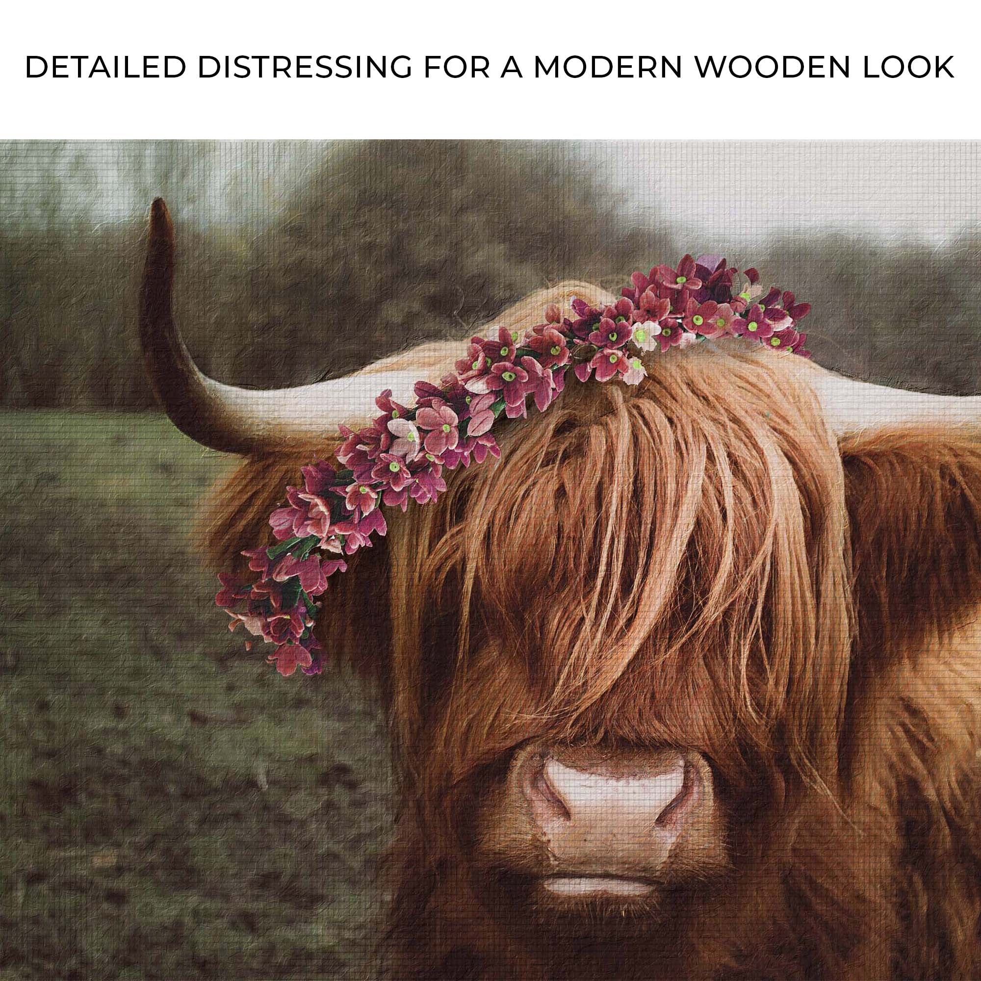 Retro Floral Crown Highland Cow Canvas Wall Art on sale at MyriadMart