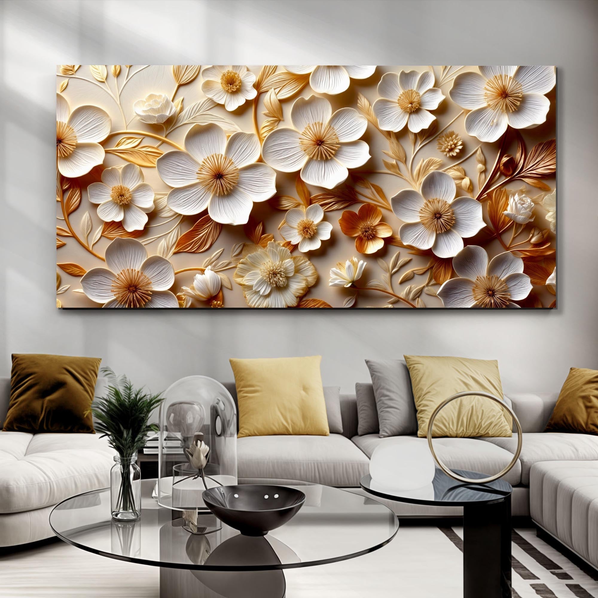 White And Golden Blooms Impasto Wall Art on sale at MyriadMart