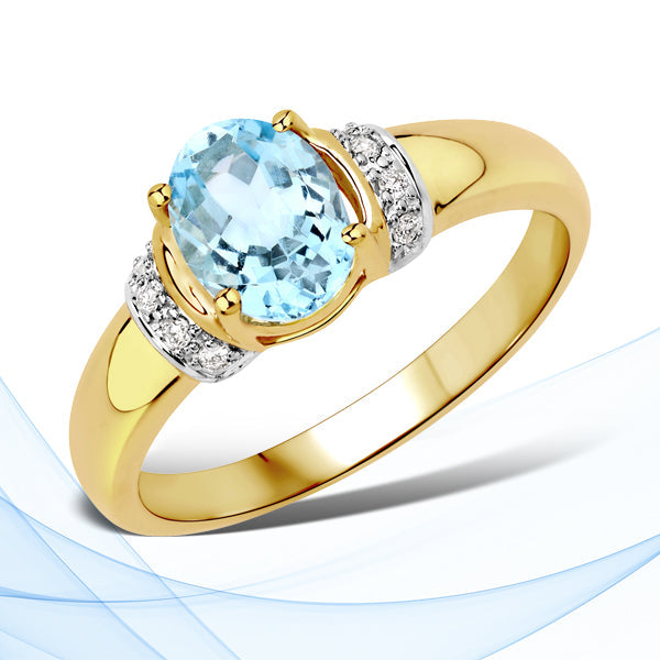 1.09 Carat Genuine Aquamarine and White Diamond 14K Yellow Gold Ring on sale at MyriadMart