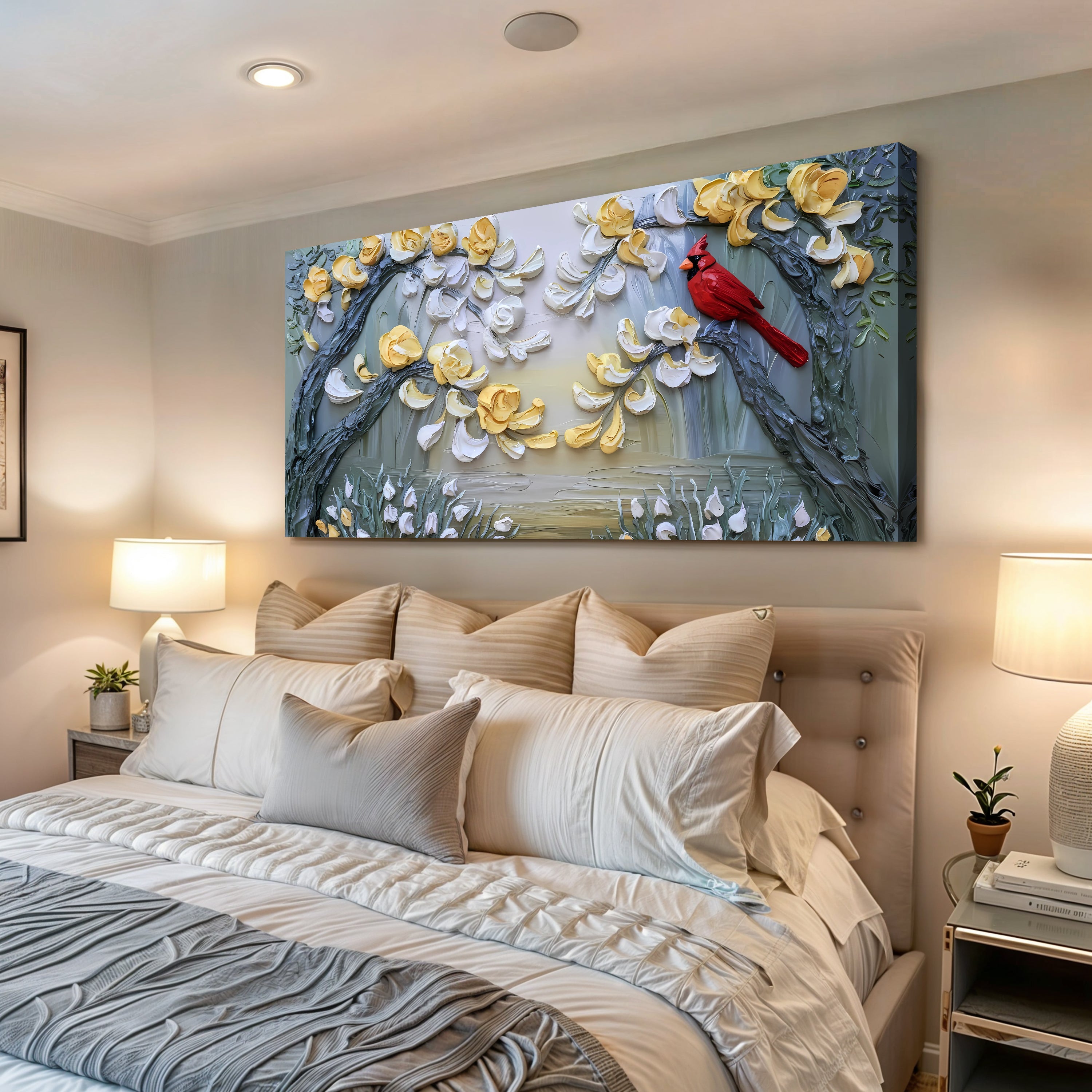 Golden Petals and Scarlet Wings Impasto Wall Art on sale at MyriadMart