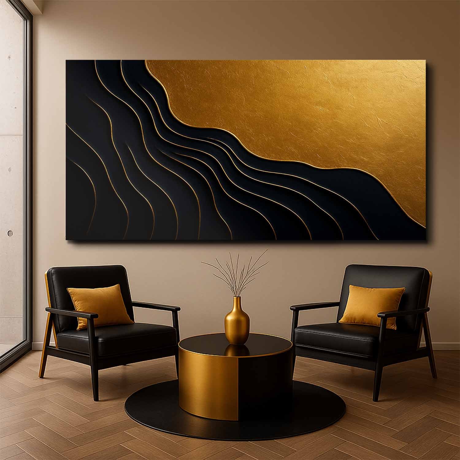 Black And Gold Minimalist Abstract IX on sale at MyriadMart