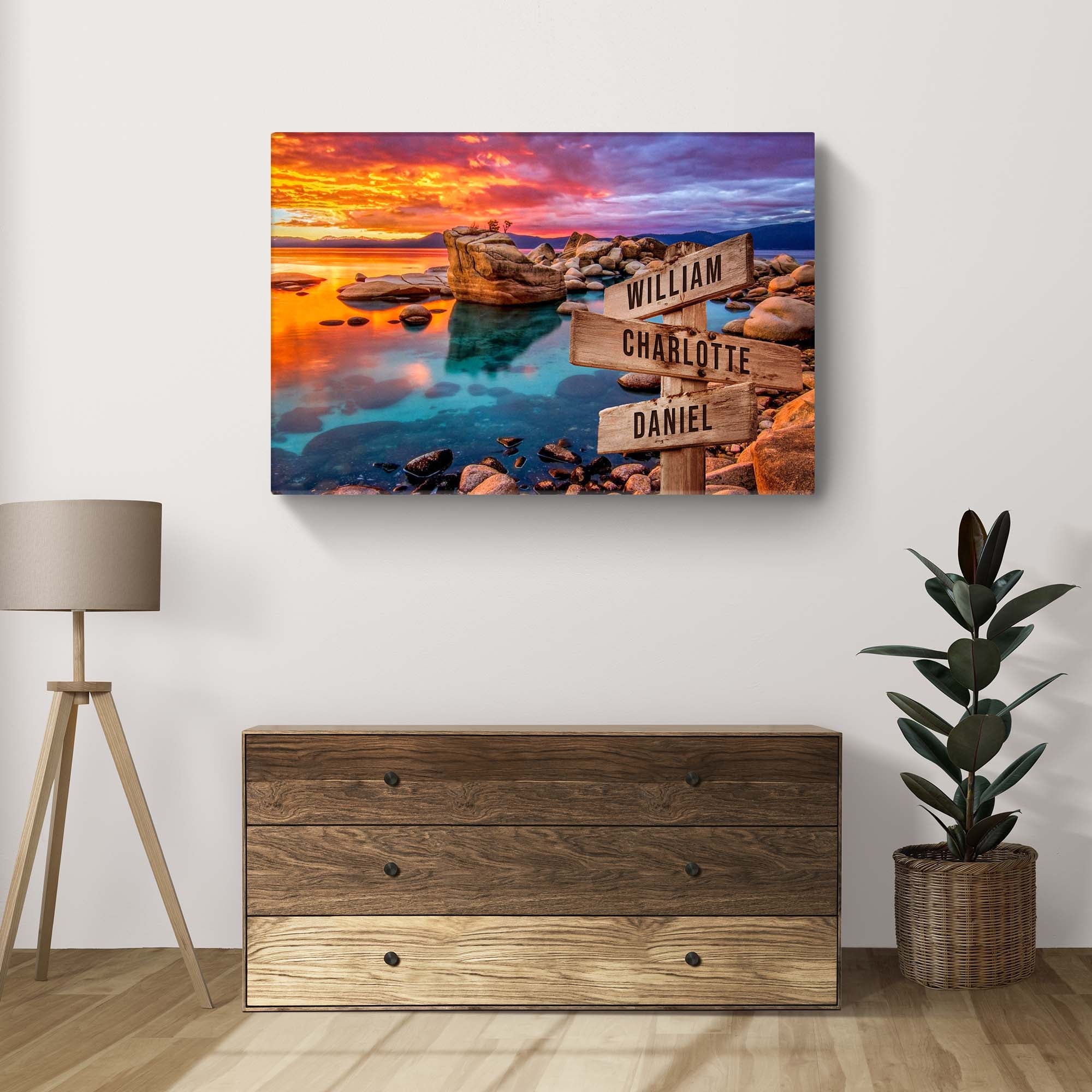 Sunset Beach Skies Family Names Sign on sale at MyriadMart