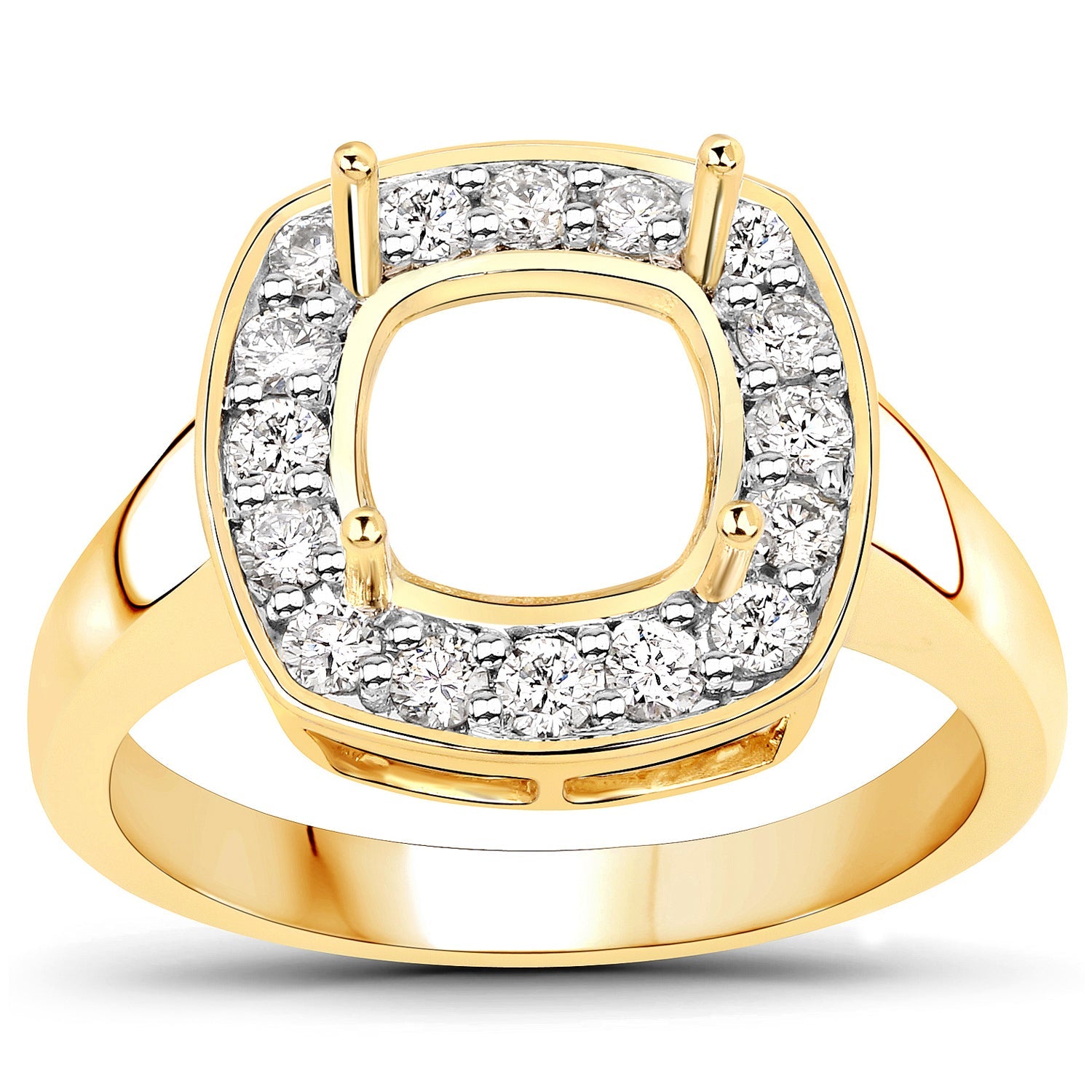 0.48 Carat Genuine White Diamond 14K Yellow Gold Semi Mount Ring - holds 8x8mm Cushion Gemstone on sale at MyriadMart