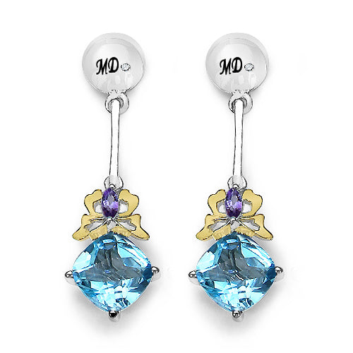 5.55 Carat Genuine Blue Topaz, Amethyst & White Diamond .925 Sterling Silver Earrings on sale at MyriadMart