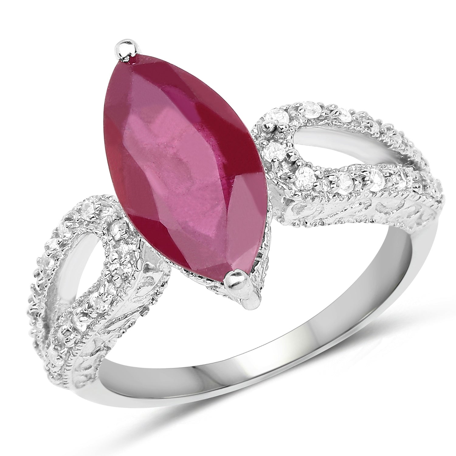 3.56 Carat Genuine Glass Filled Ruby and White Topaz .925 Sterling Silver Ring on sale at MyriadMart