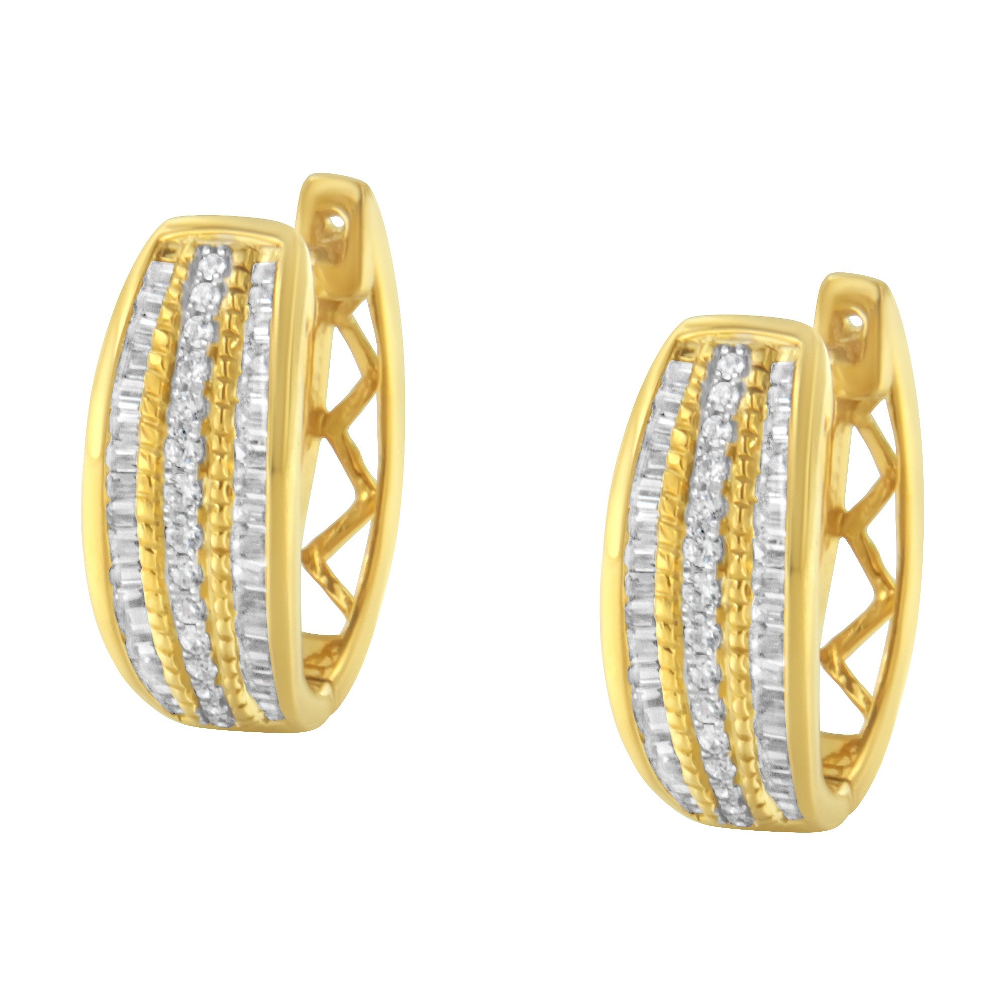 10K Yellow Gold 3/4 Cttw Pave and Channel Set Diamond Triple Row Modern Hoop Earrings I-J Color, I2-I3 Clarity on sale at MyriadMart
