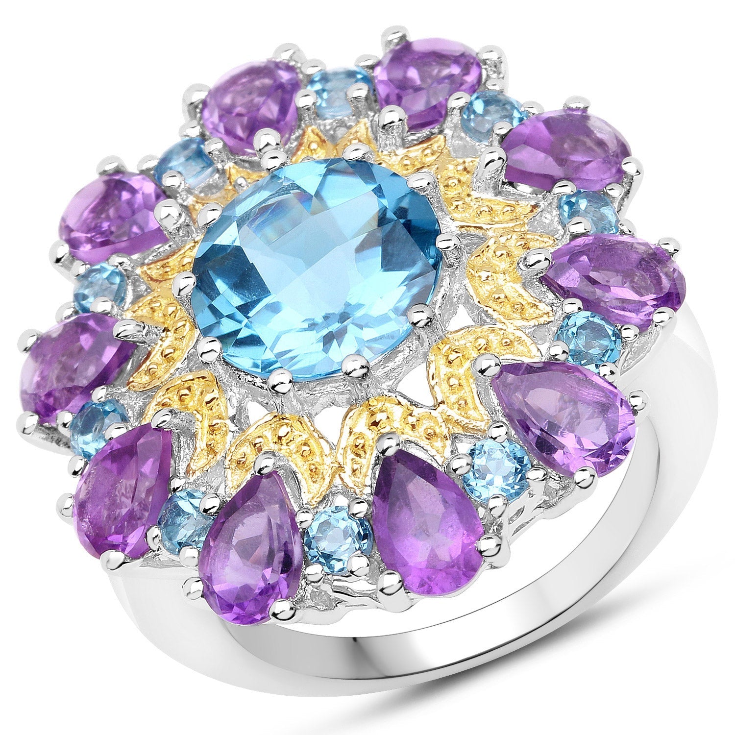 8.86 Carat Genuine London Blue Topaz and Amethyst .925 Sterling Silver Ring on sale at MyriadMart