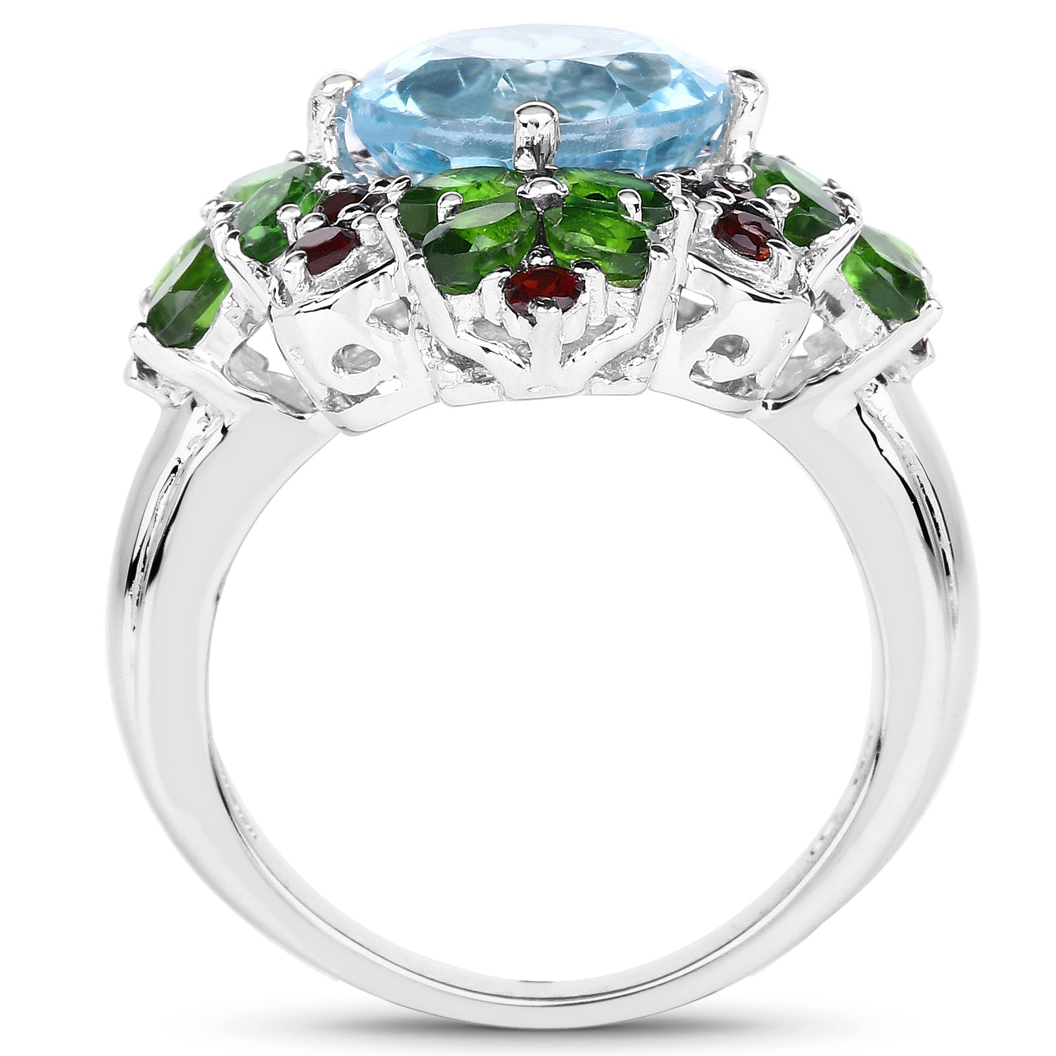 5.76 Carat Genuine Blue Topaz, Chrome Diopside & Garnet .925 Sterling Silver Ring on sale at MyriadMart