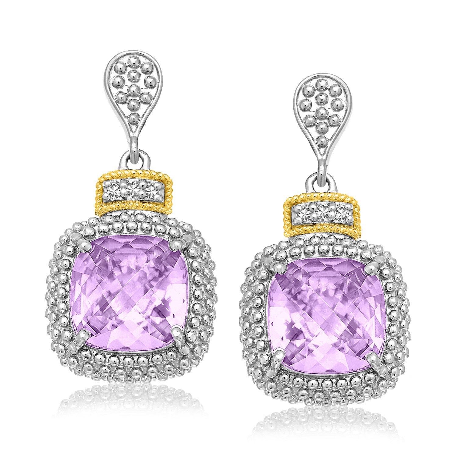 18k Yellow Gold & Sterling Silver Cushion Amethyst & Diamond Earrings .05cttw on sale at MyriadMart