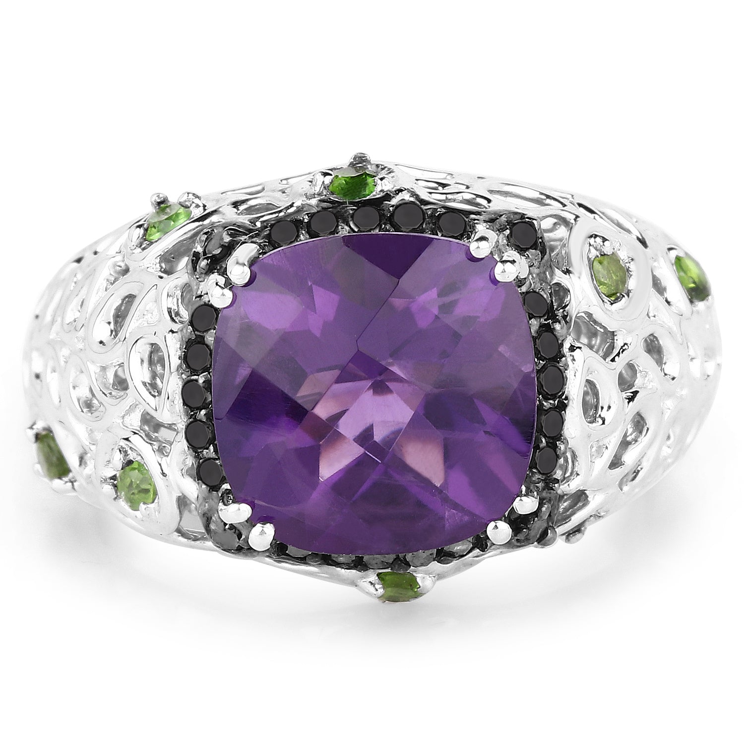 3.27 Carat Genuine Amethyst, Chrome Diopside & Black Diamond .925 Sterling Silver Ring on sale at MyriadMart