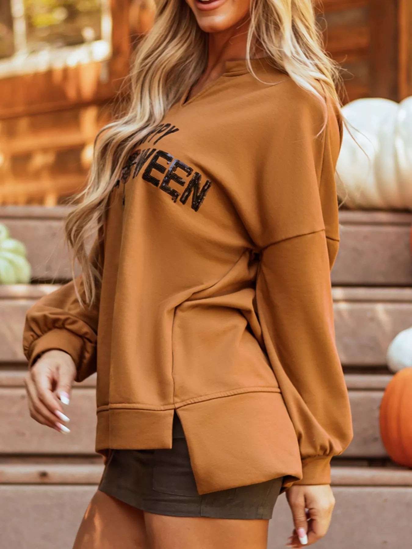 Happy Halloween Graphic Notched Long Sleeve Loose Top - MyriadMart