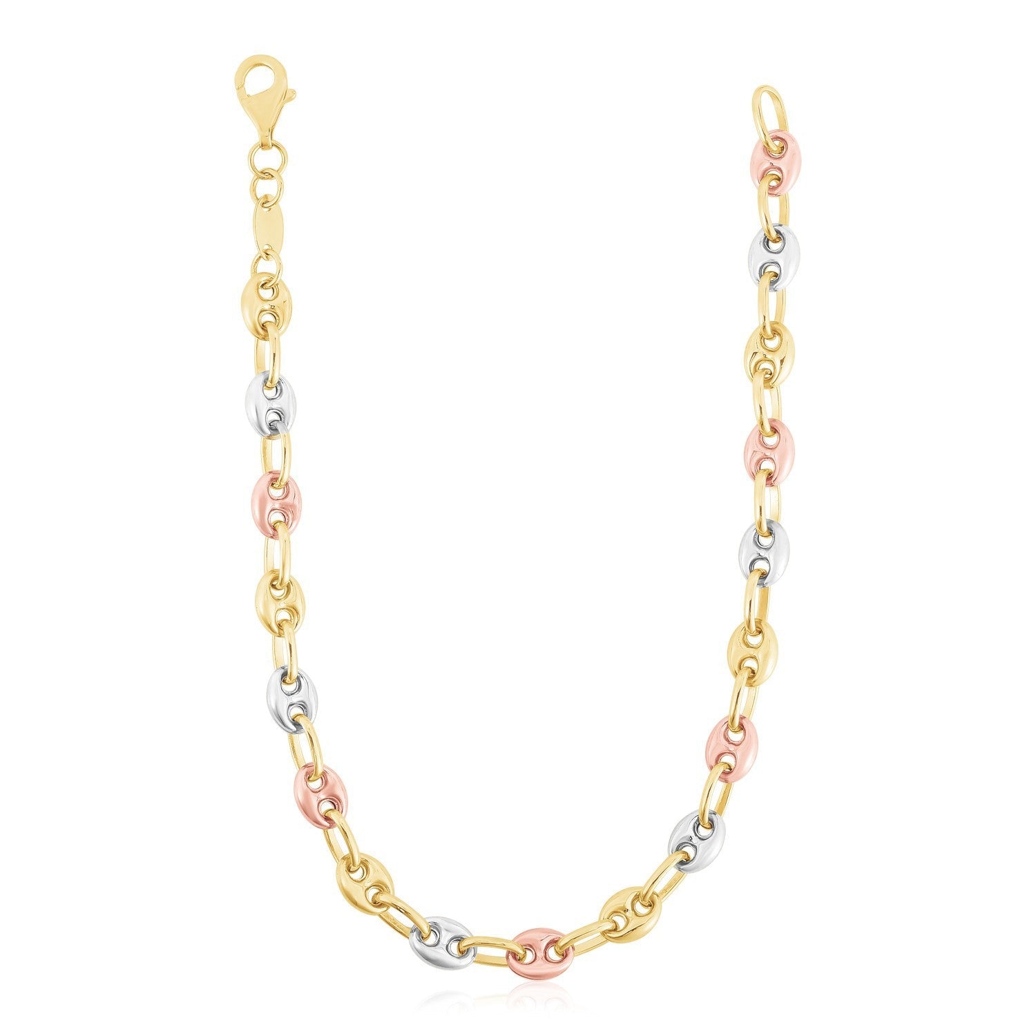 14k Tri Color Gold High Polish Puffed Mariner Link Chain on sale at MyriadMart