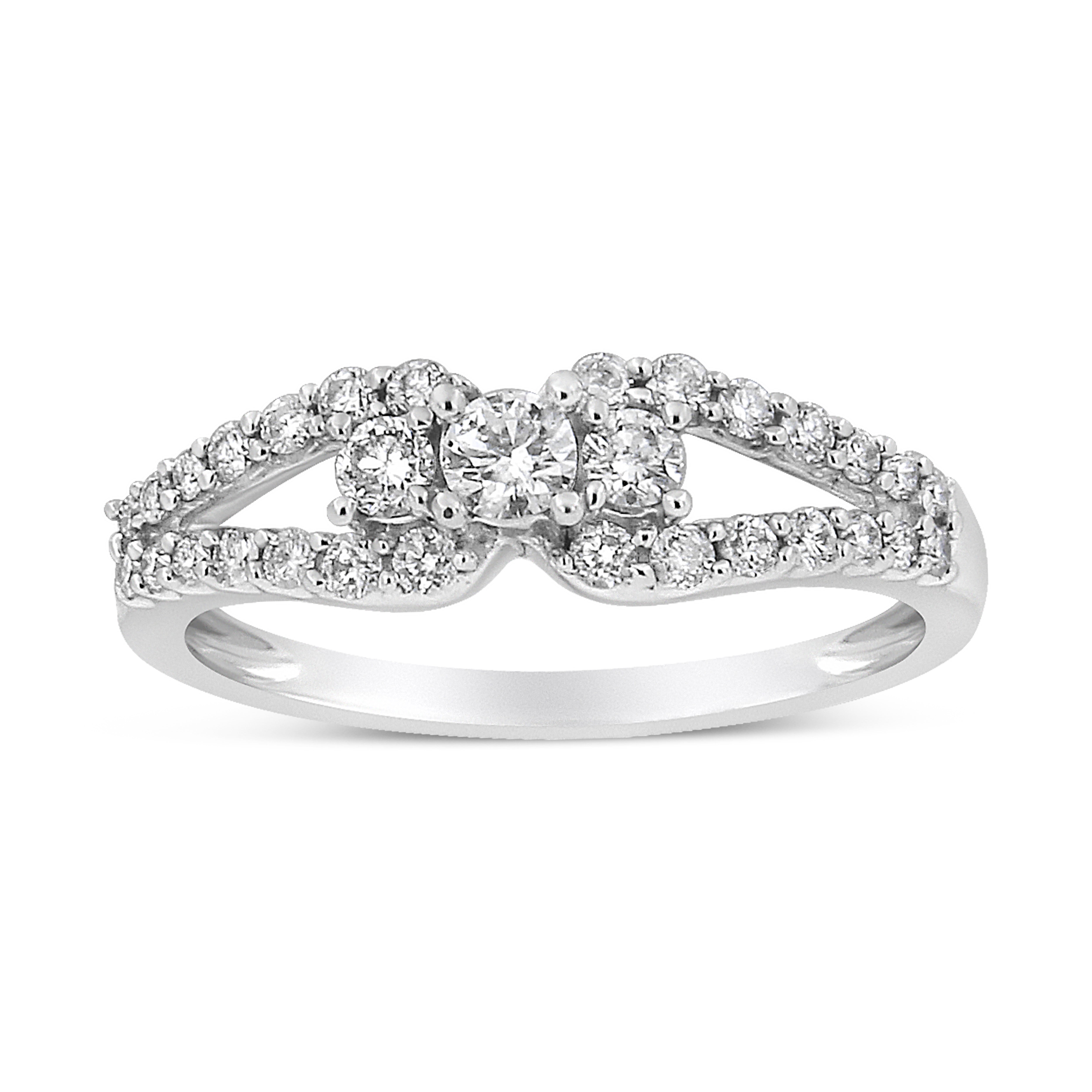 10K White Gold 1/2 Cttw Round Cut Diamond Three Stone Split Shank Band Ring H-I Color, SI1-SI2 Clarity - Size 6 on sale at MyriadMart