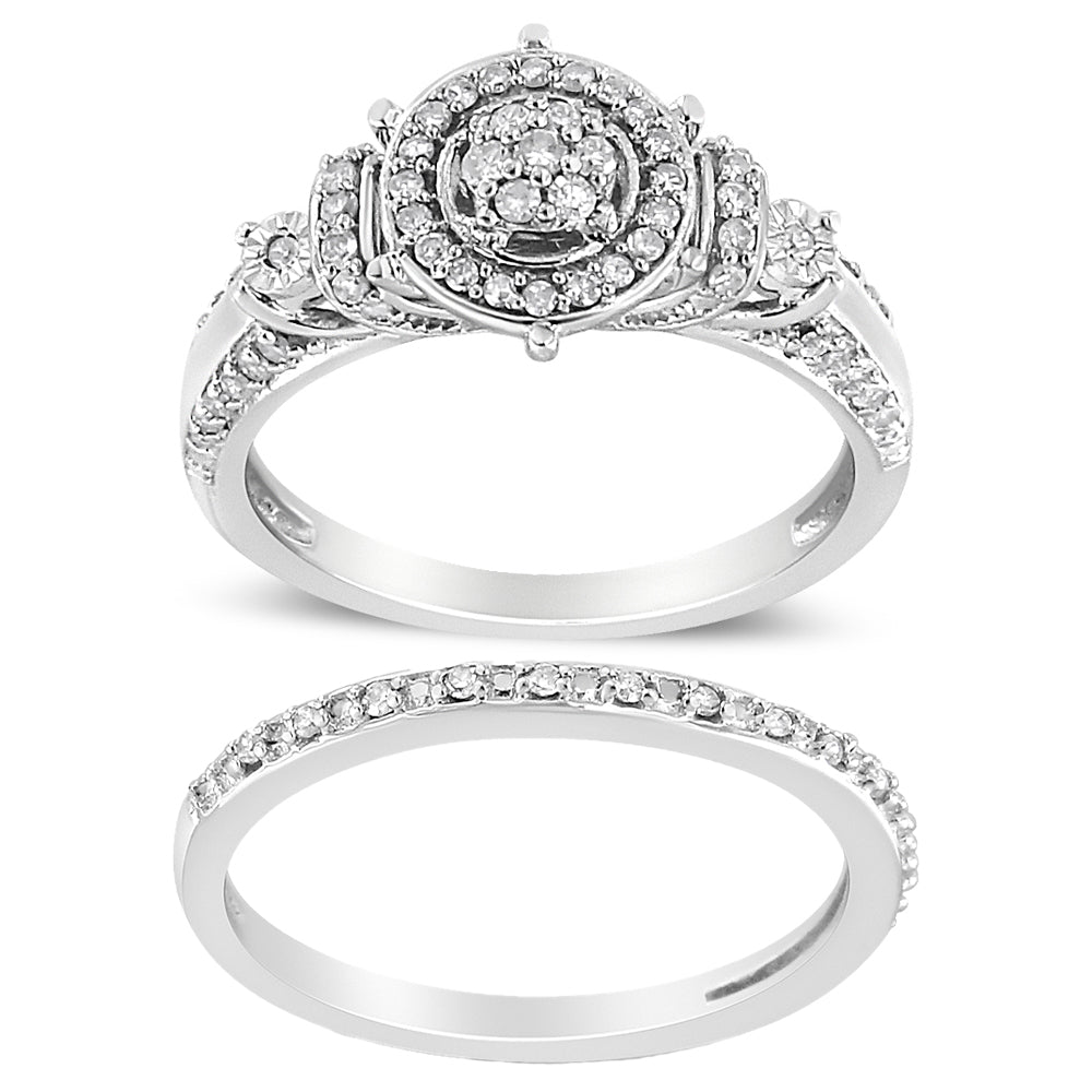 .925 Sterling Silver 1/3 Cttw Diamond 7 Stone Cluster and Halo Engagement Ring and Wedding Band Set I-J Color, I1-I2 Clarity - Size 7 on sale at MyriadMart