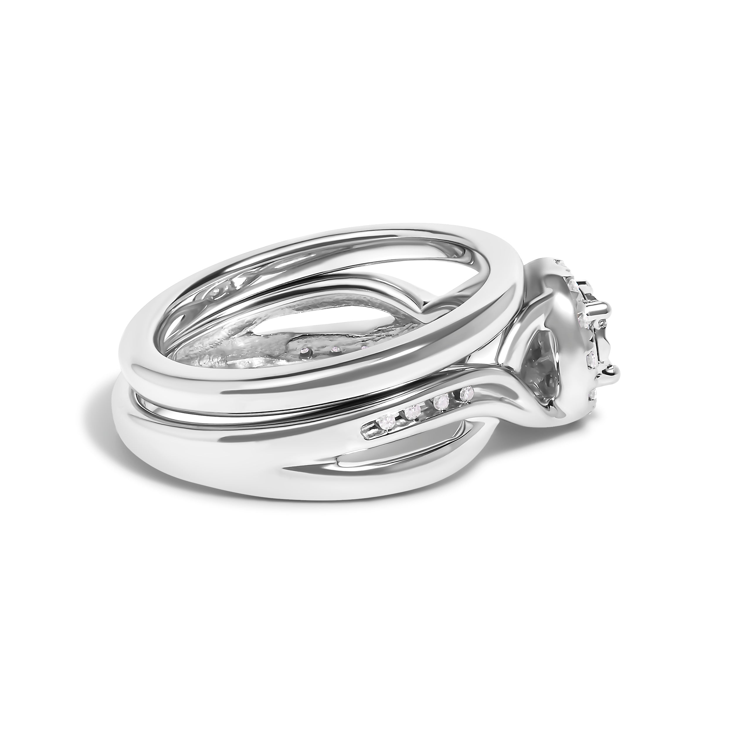 .925 Sterling Silver 1/7 Cttw Diamond Halo Bypass Engagement Ring and Wedding Band Set I-J Color, I3 Clarity - Size 7 on sale at MyriadMart