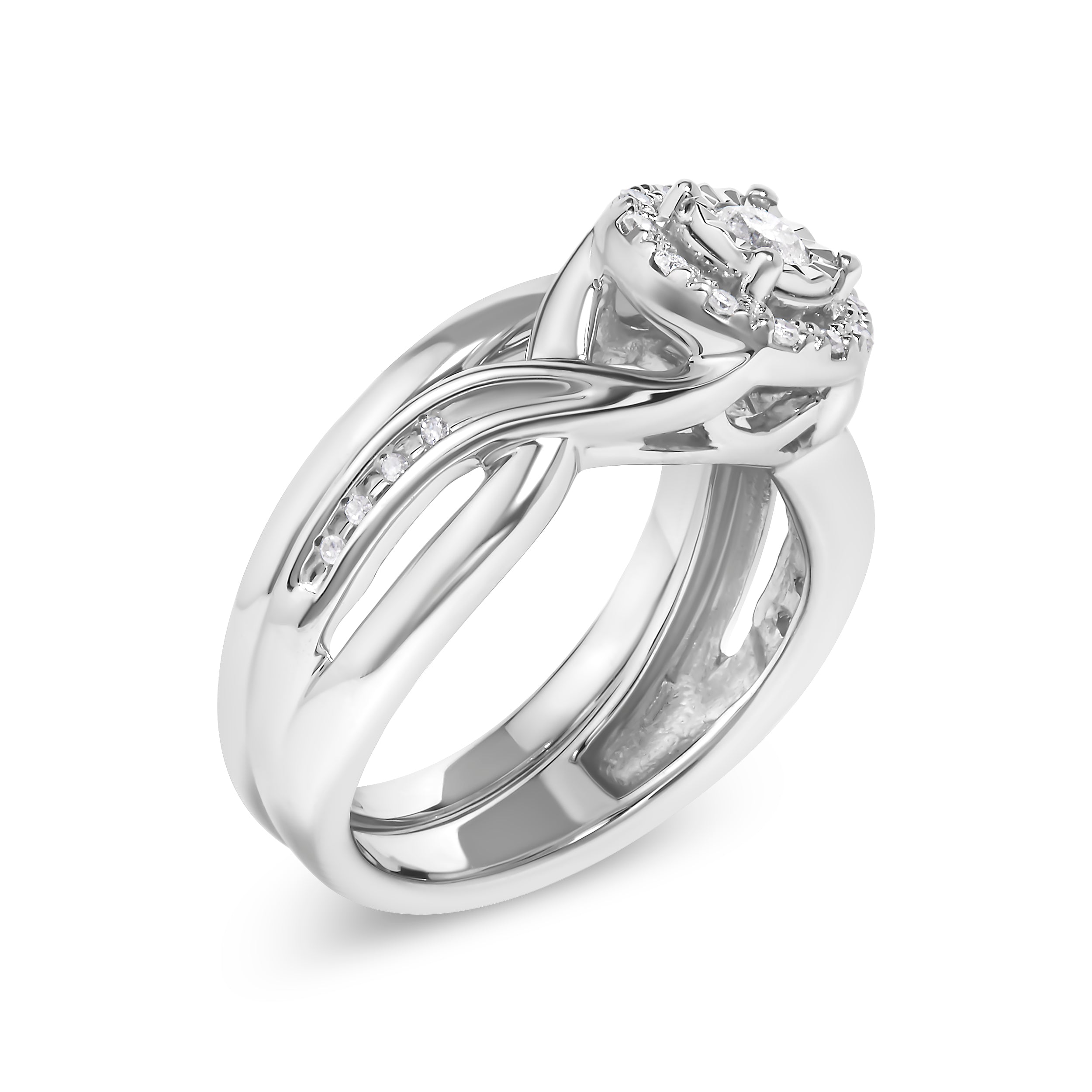 .925 Sterling Silver 1/7 Cttw Diamond Halo Bypass Engagement Ring and Wedding Band Set I-J Color, I3 Clarity - Size 7 on sale at MyriadMart