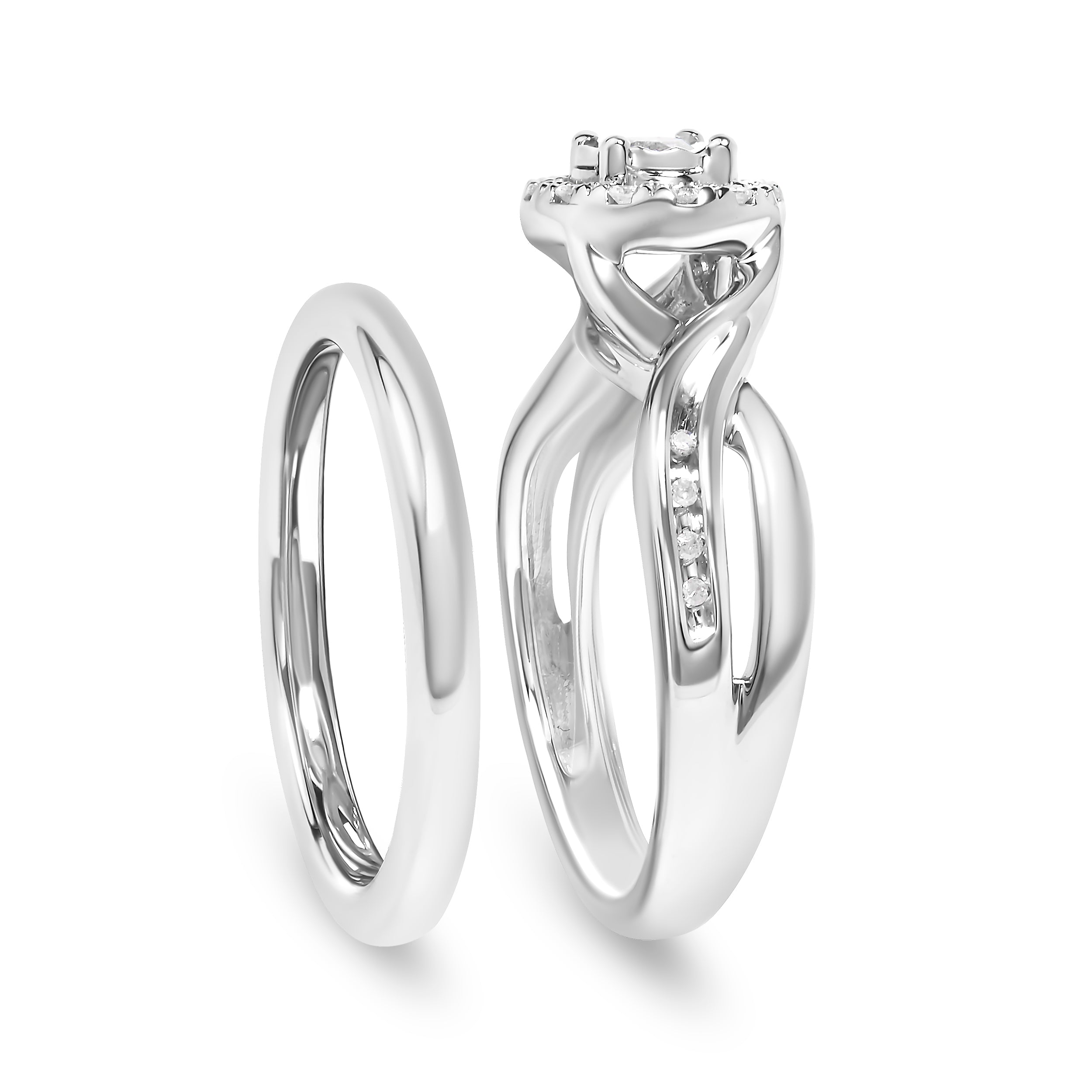 .925 Sterling Silver 1/7 Cttw Diamond Halo Bypass Engagement Ring and Wedding Band Set I-J Color, I3 Clarity - Size 7 on sale at MyriadMart