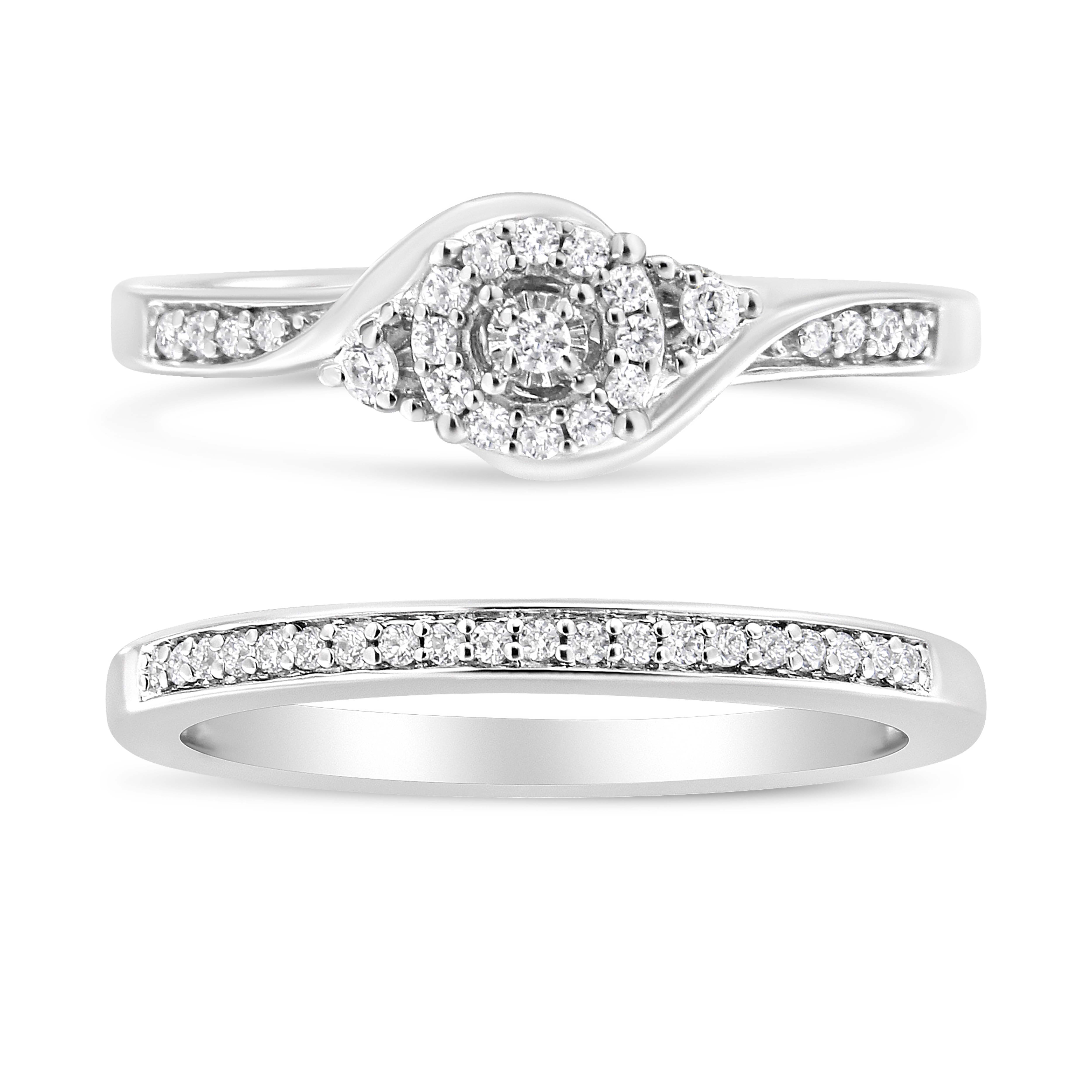 .925 Sterling Silver 1/4 Cttw Diamond Halo and Swirl Engagement Ring and Wedding Band Set I-J Color, I3 Clarity - Ring Size 7 on sale at MyriadMart