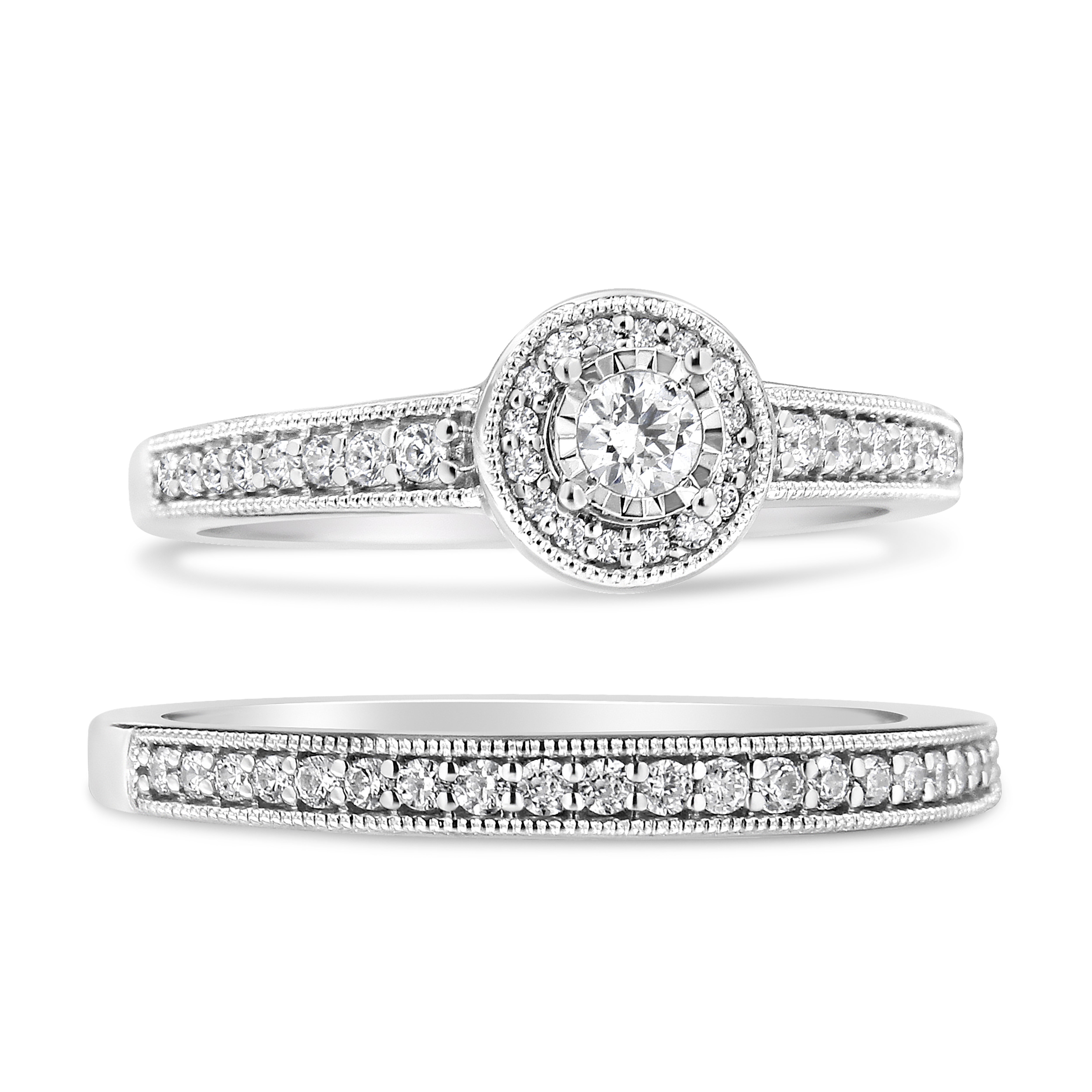 .925 Sterling Silver 1/2 Ctw Diamond Halo and Milgrain Engagement Ring Bridal Set I-J Color, I3 Clarity - Ring Size 7 on sale at MyriadMart