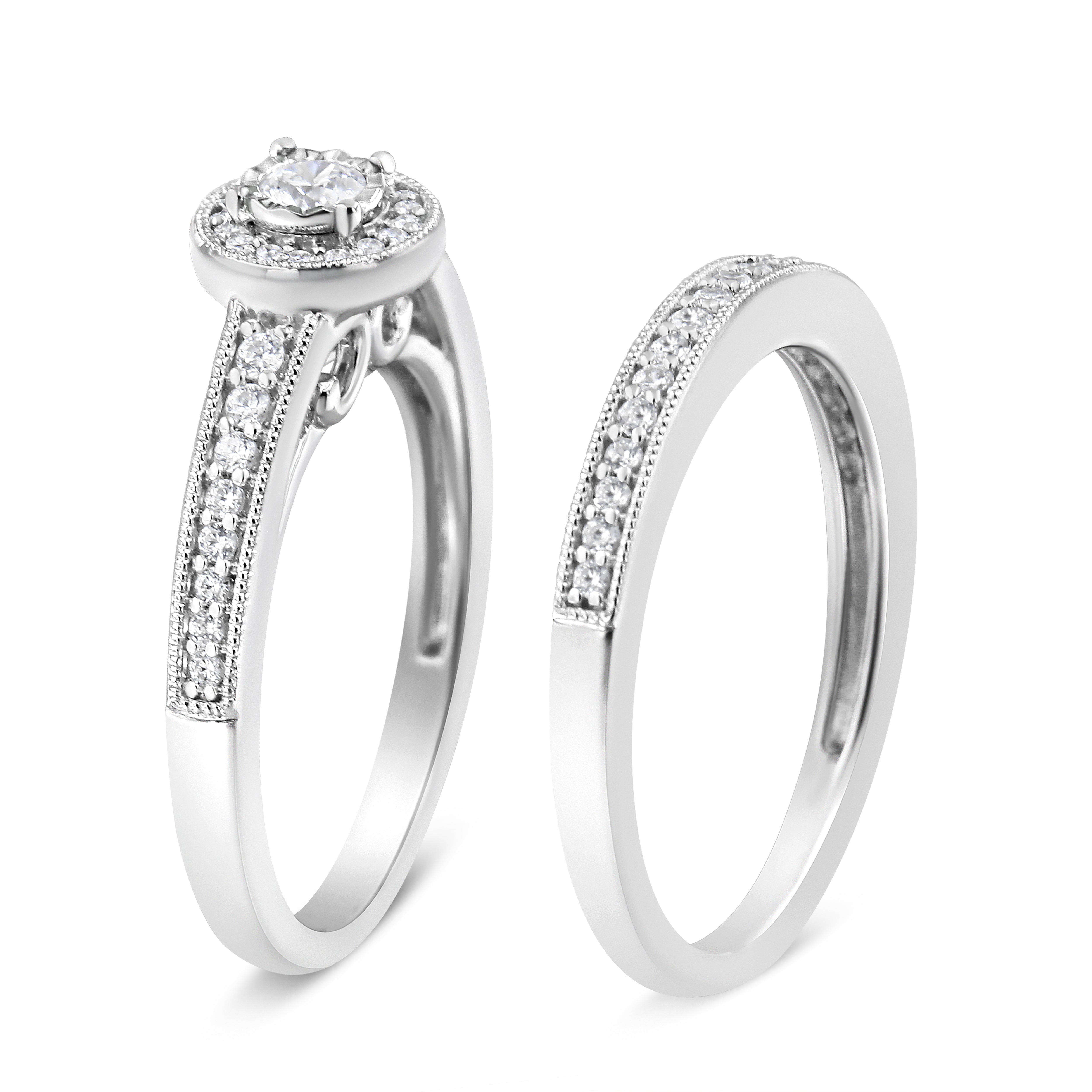 .925 Sterling Silver 1/2 Ctw Diamond Halo and Milgrain Engagement Ring Bridal Set I-J Color, I3 Clarity - Ring Size 7 on sale at MyriadMart