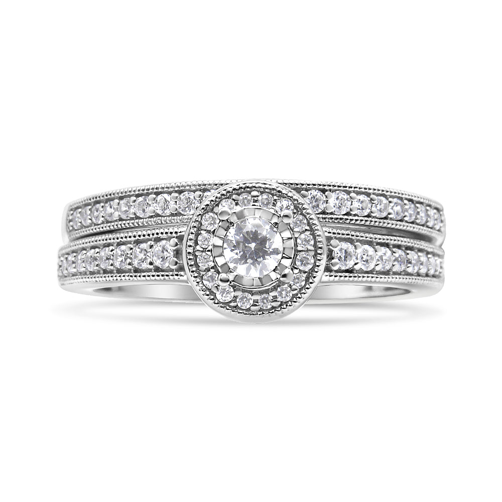.925 Sterling Silver 1/2 Ctw Diamond Halo and Milgrain Engagement Ring Bridal Set I-J Color, I3 Clarity - Ring Size 7 on sale at MyriadMart