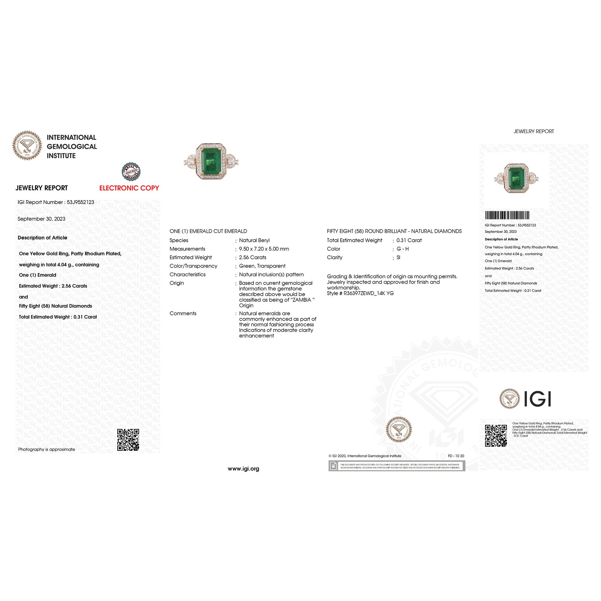 IGI Certified 2.87 Carat Genuine Zambian Emerald and White Diamond 14K Yellow Gold Ring on sale at MyriadMart
