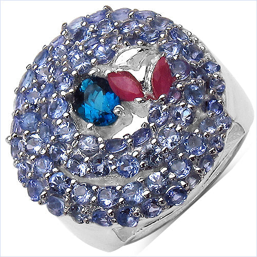 3.31 Carat Genuine London Blue Topaz , Ruby & Tanzanite .925 Sterling Silver Ring on sale at MyriadMart