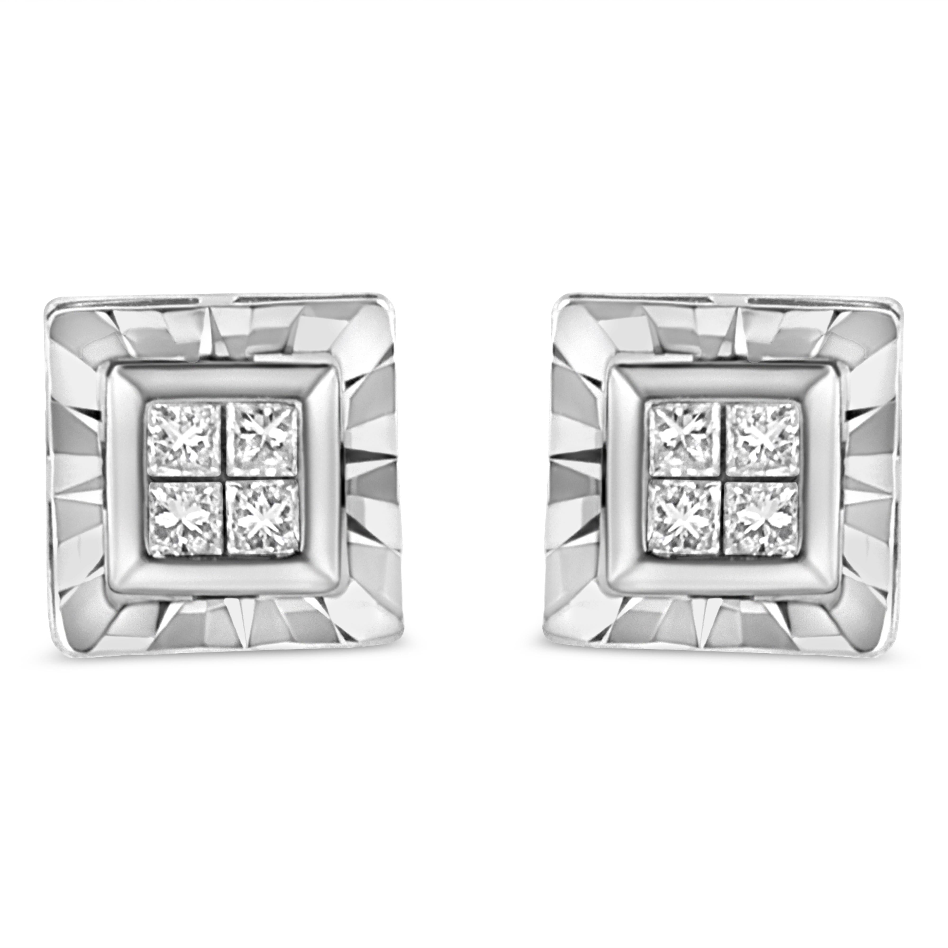 .925 Sterling Silver 1/6 Cttw Invisible Set Princess-Cut Diamond Quad Composite Stud Earrings H-I Color, I1-I2 Clarity on sale at MyriadMart