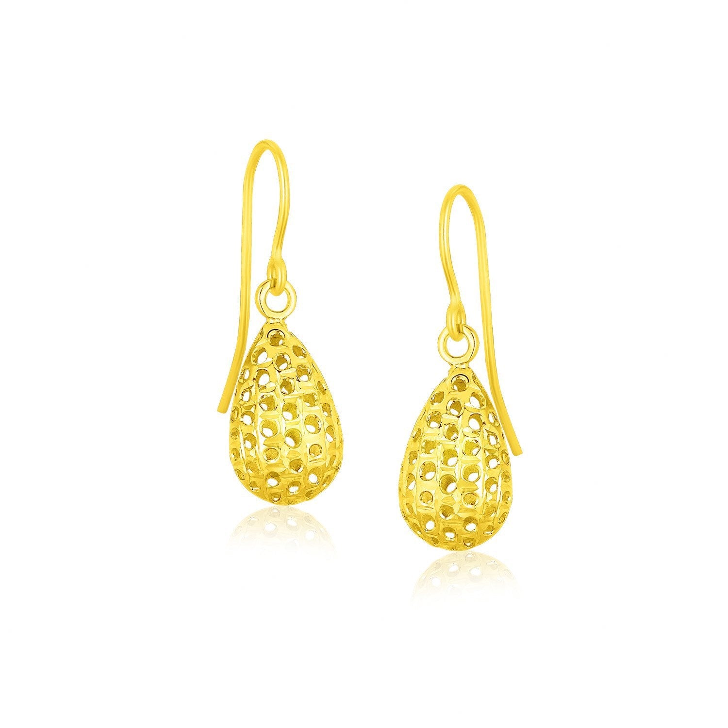 14k Yellow Gold Teardrop Drop Earrings with Honeycomb Texture on sale at MyriadMart
