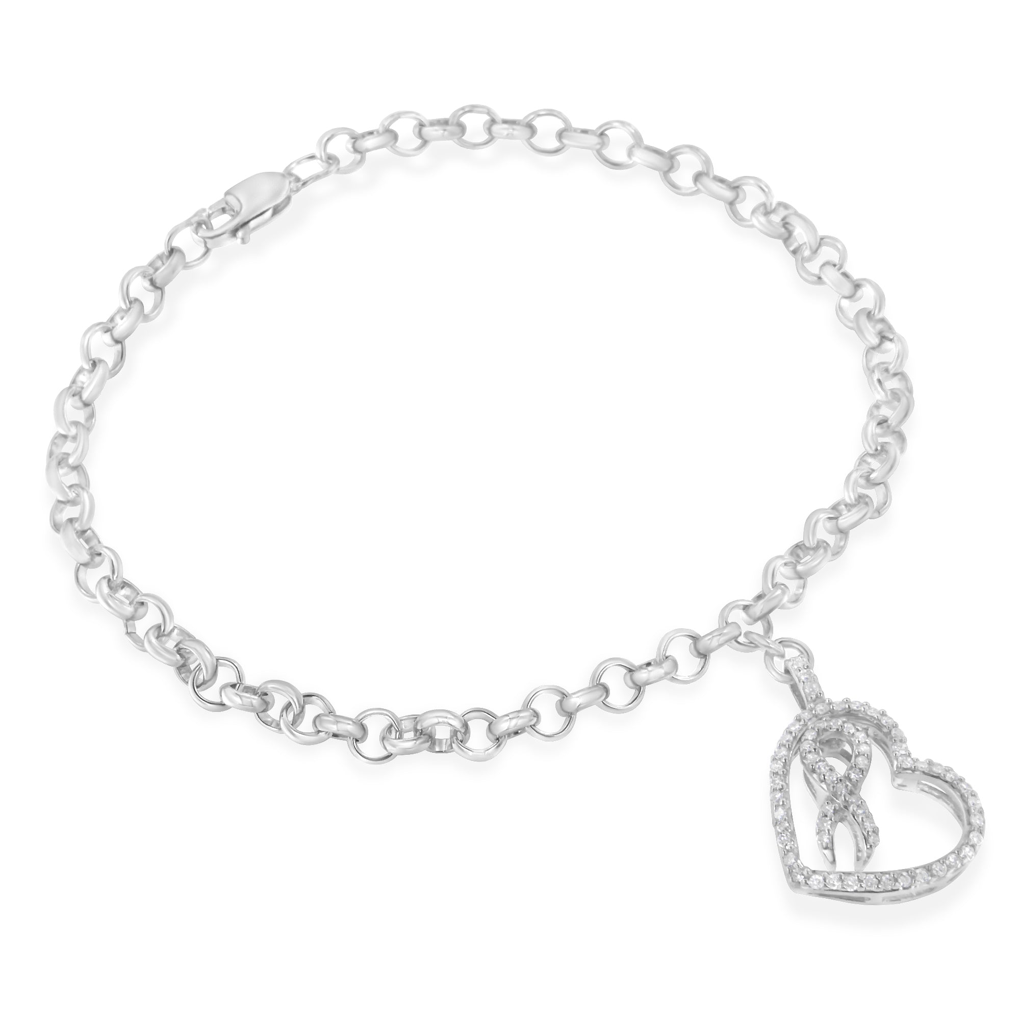 .925 Sterling Silver 1/4 Cttw Diamond-Accented Heart and Ribbon Charm 7" Link Chain Bracelet H-I Color, I1-I2 Clarity on sale at MyriadMart