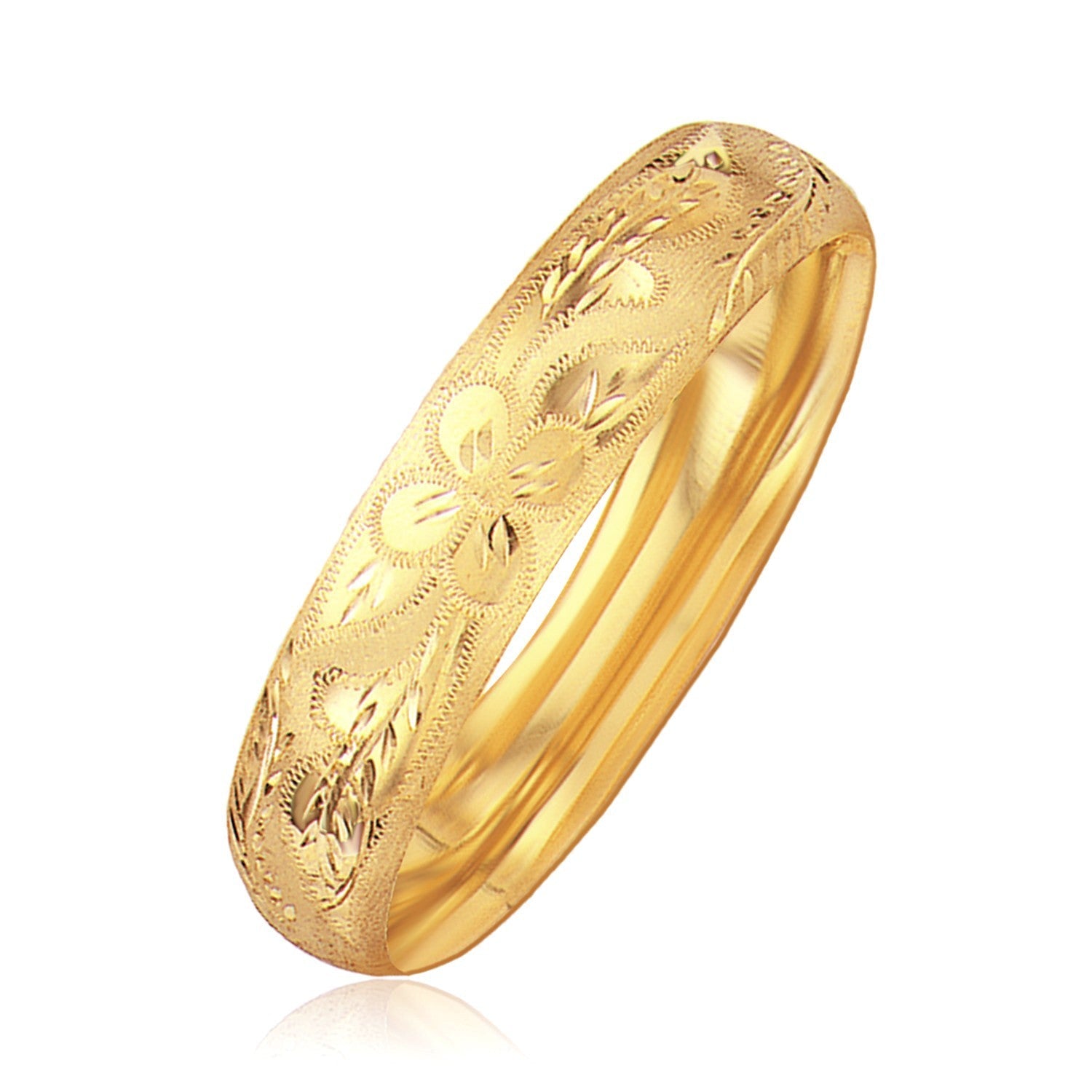 Classic Floral Carved Bangle in 14k Yellow Gold 13.5mm on sale at MyriadMart