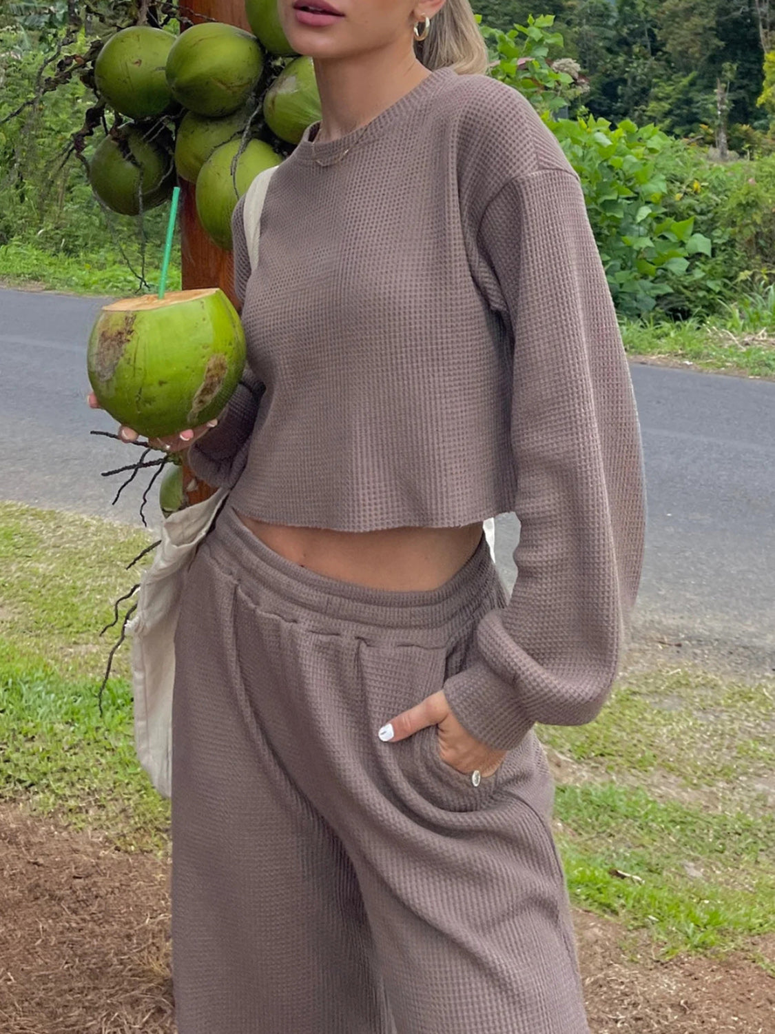 Waffle-Knit Round Neck Top and Pants Set
