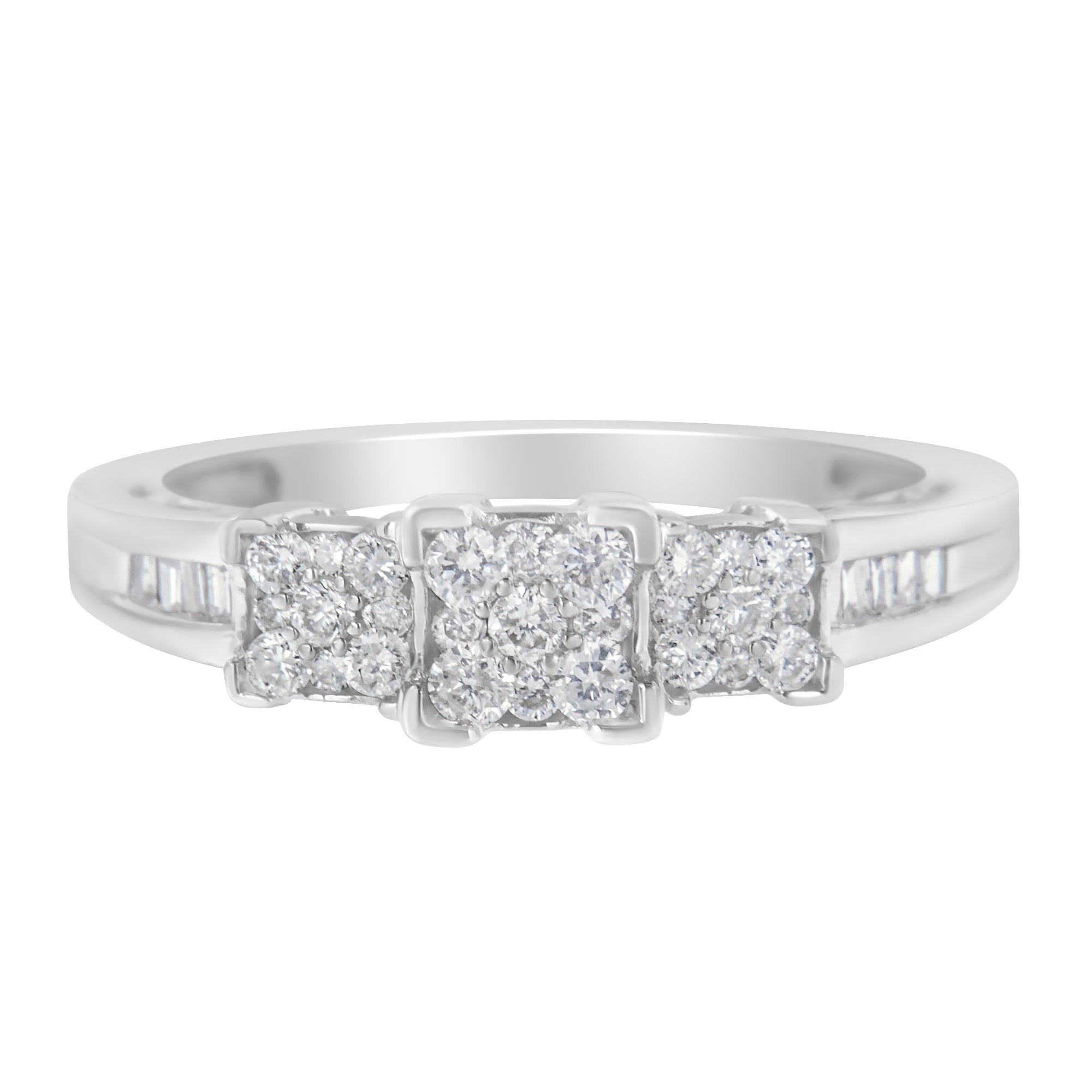 10K White Gold 1/2 Cttw Brilliant & Baguette Cut Diamond 3 Stone Design with 3 Square Clusters Engagement Ring H-I Color, SI2-I1 Clarity - Size 6-3/4 on sale at MyriadMart