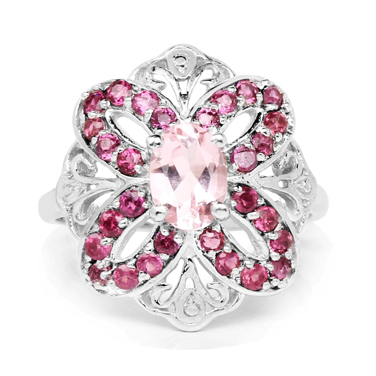 1.82 Carat Genuine Morganite & Rhodolite .925 Sterling Silver Ring on sale at MyriadMart