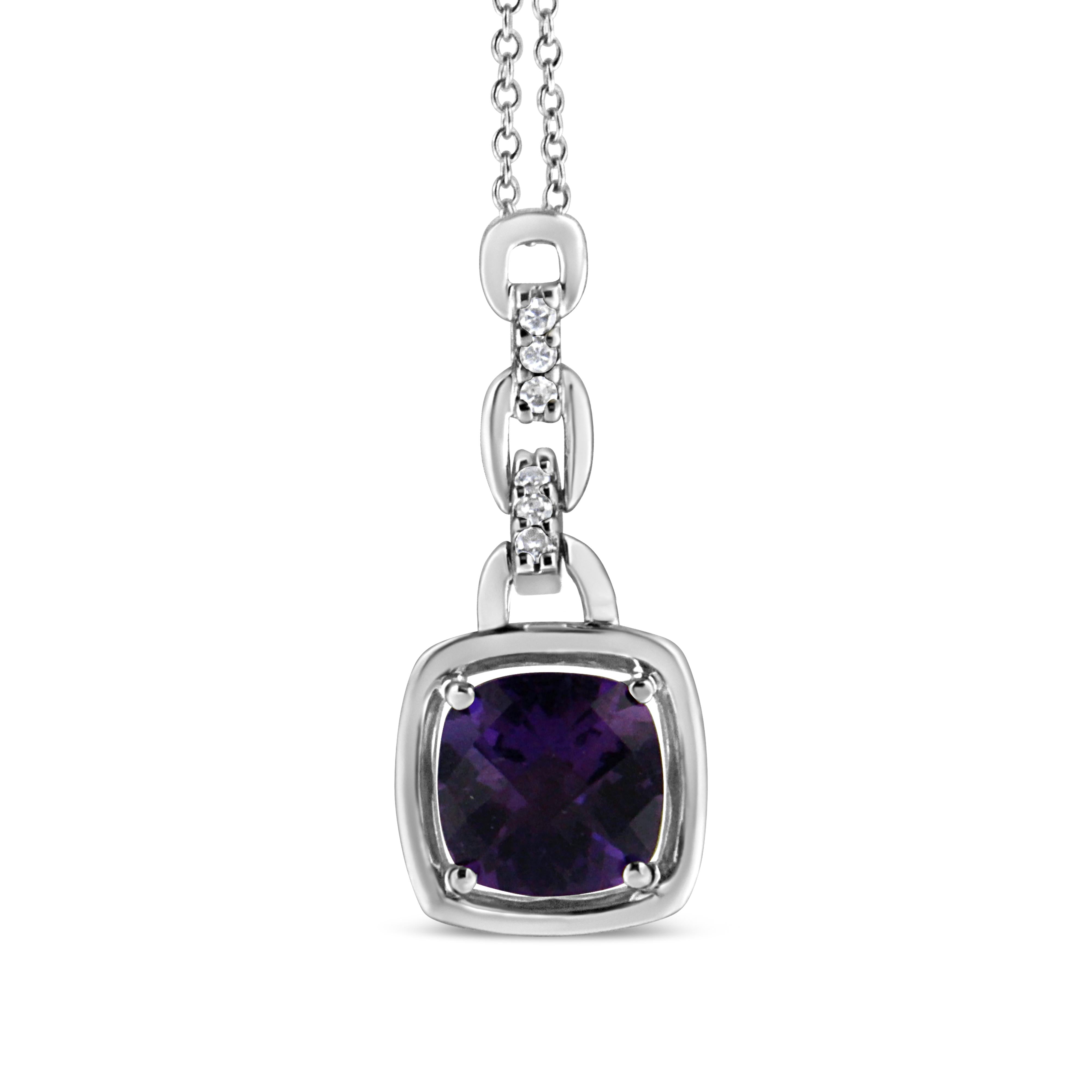 .925 Sterling Silver 6x6MM Cushion Shaped Natural Purple Amethyst and Diamond Accented Bale 18" Inch Pendant Necklace I-J Color, I1-I2 Clarity on sale at MyriadMart