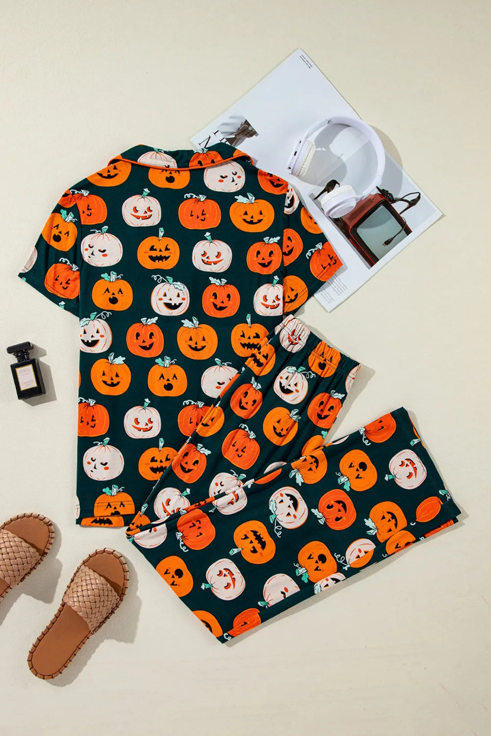 Pumpkin Printed Short Sleeve Top and Pants Lounge Set - MyriadMart