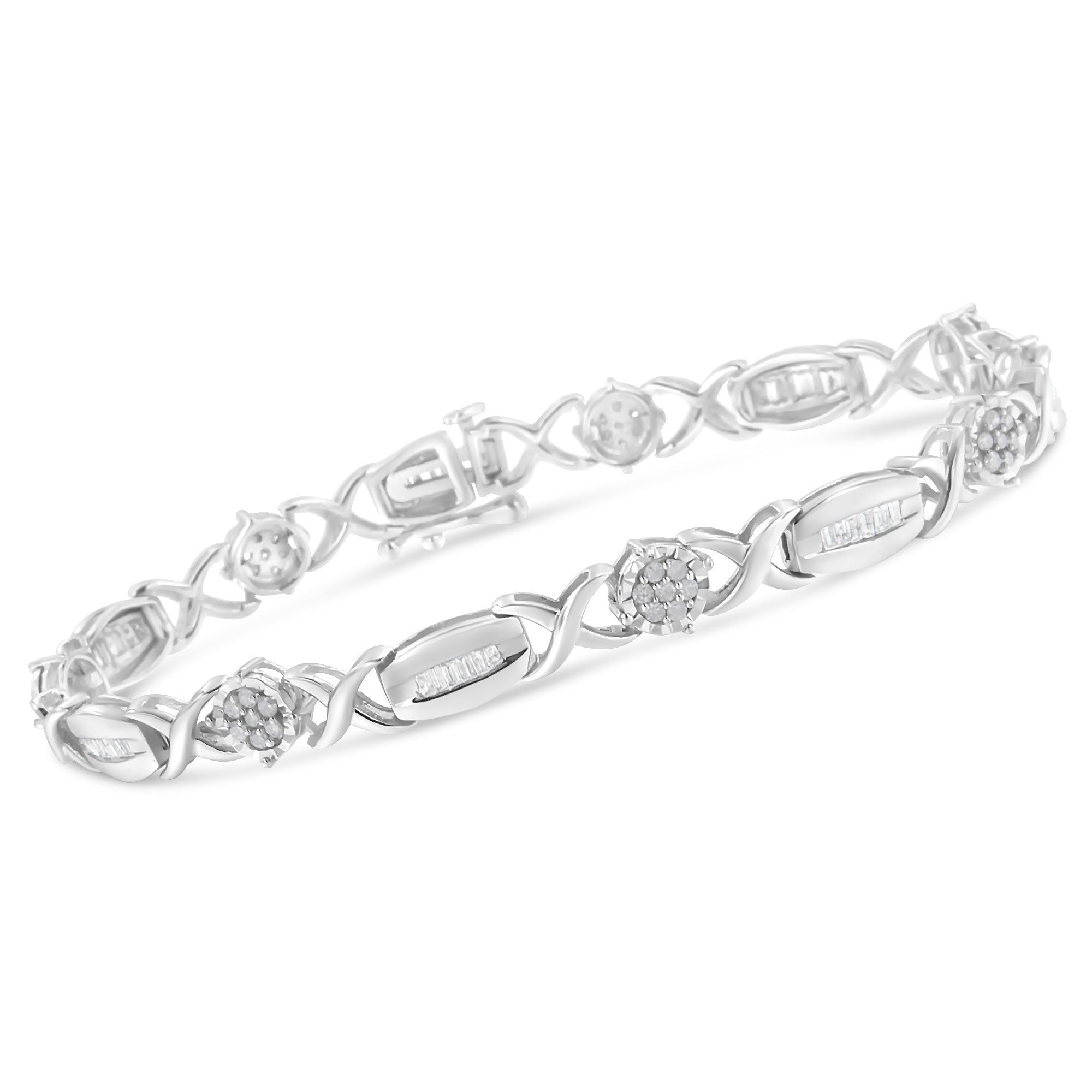 .925 Sterling Silver 1.0 Cttw Round-Cut and Baguette-Cut Diamond X-Link Bracelet I-J Color, I1-I2 Clarity - 7" on sale at MyriadMart