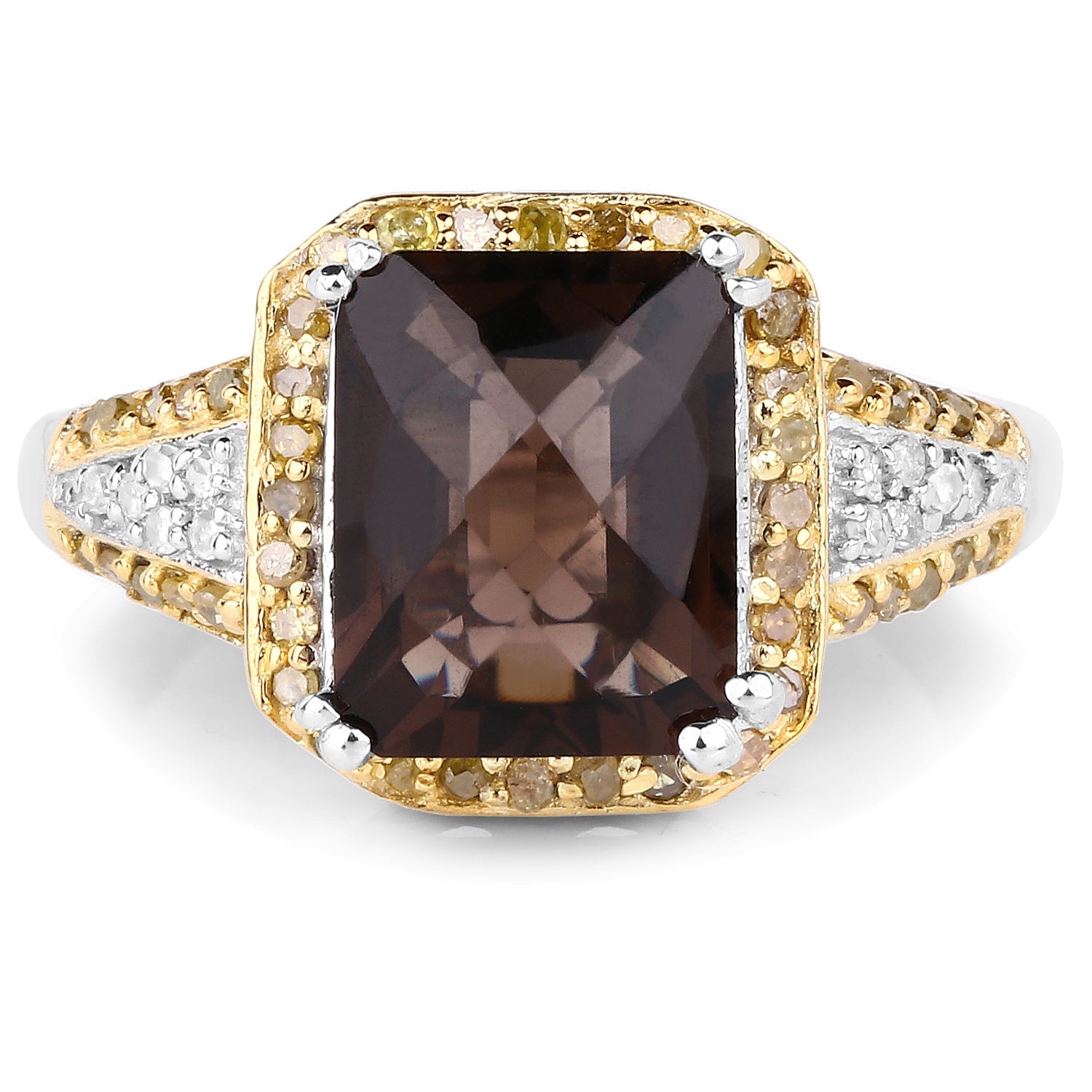 3.48 Carat Genuine Smoky Quartz, Yellow Diamond and White Diamond .925 Sterling Silver Ring on sale at MyriadMart