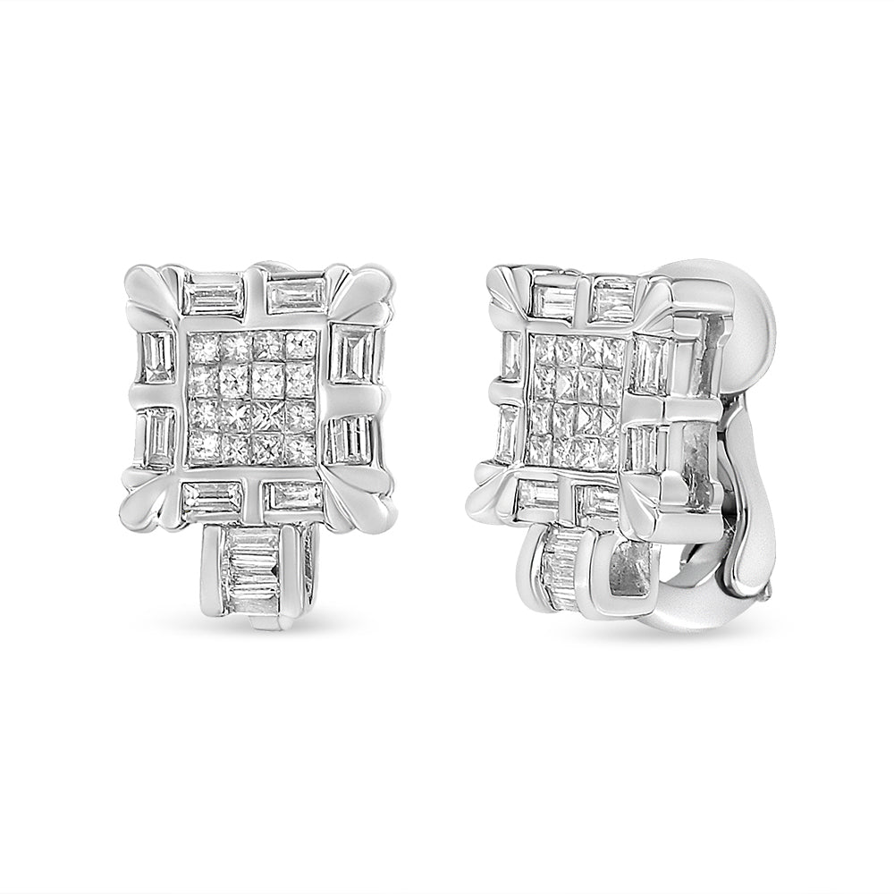 14K White Gold 1.0 Cttw Princess and Baguette-Cut Diamond Square Framed Huggie Hoop Omega Earrings H-I Color, SI1-SI2 Clarity on sale at MyriadMart