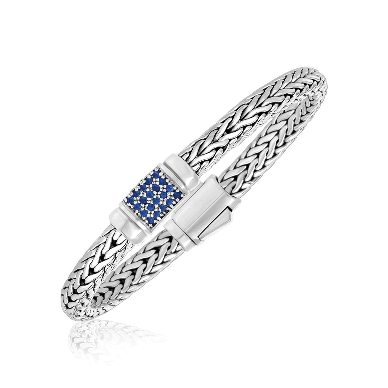 Sterling Silver Weave Motif Bracelet with Blue Sapphire Embellishments on sale at MyriadMart