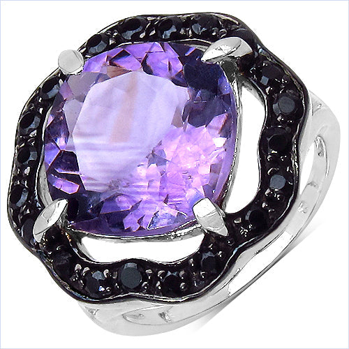 6.09 Carat Genuine Amethyst & Black Spinel .925 Sterling Silver Ring on sale at MyriadMart