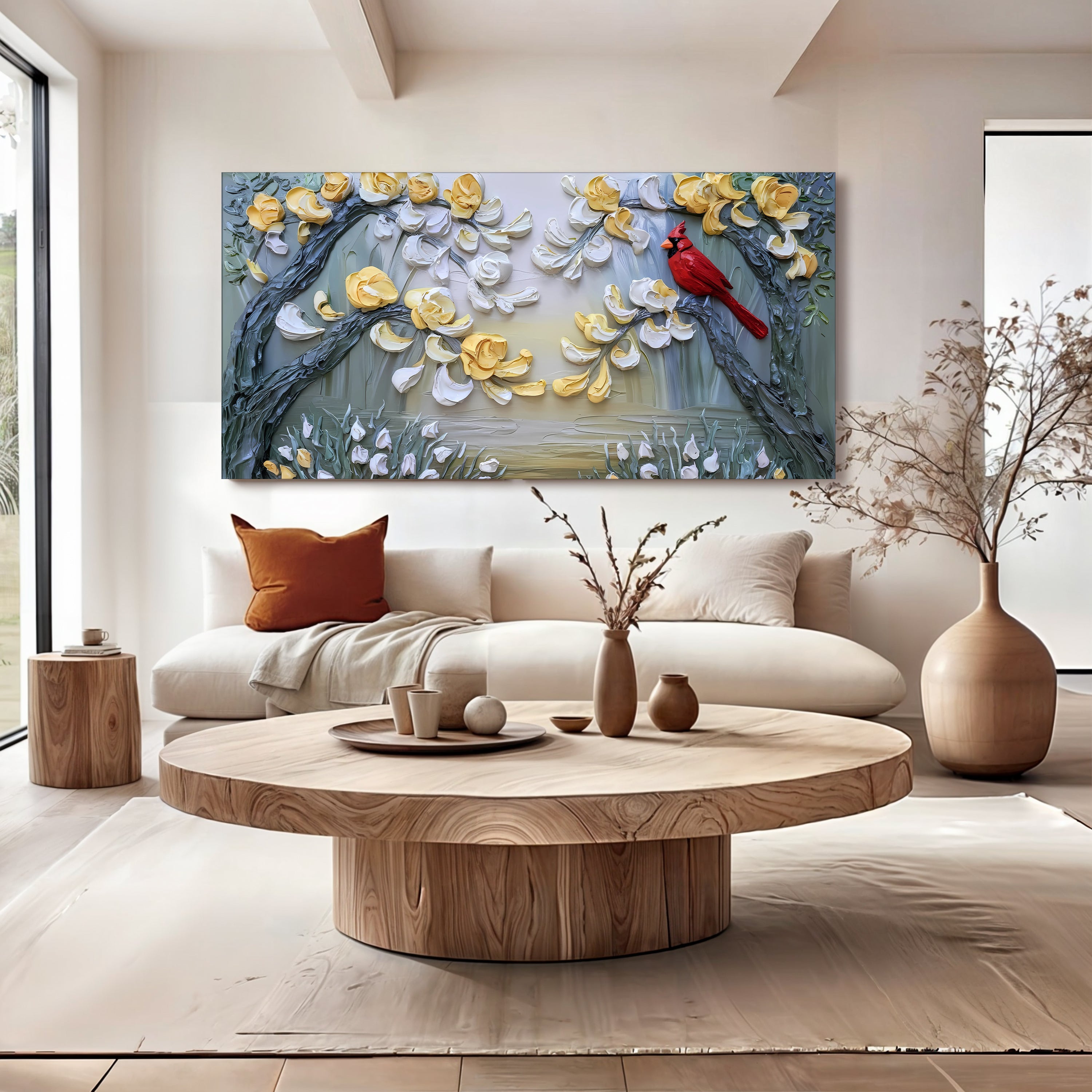 Golden Petals and Scarlet Wings Impasto Wall Art on sale at MyriadMart