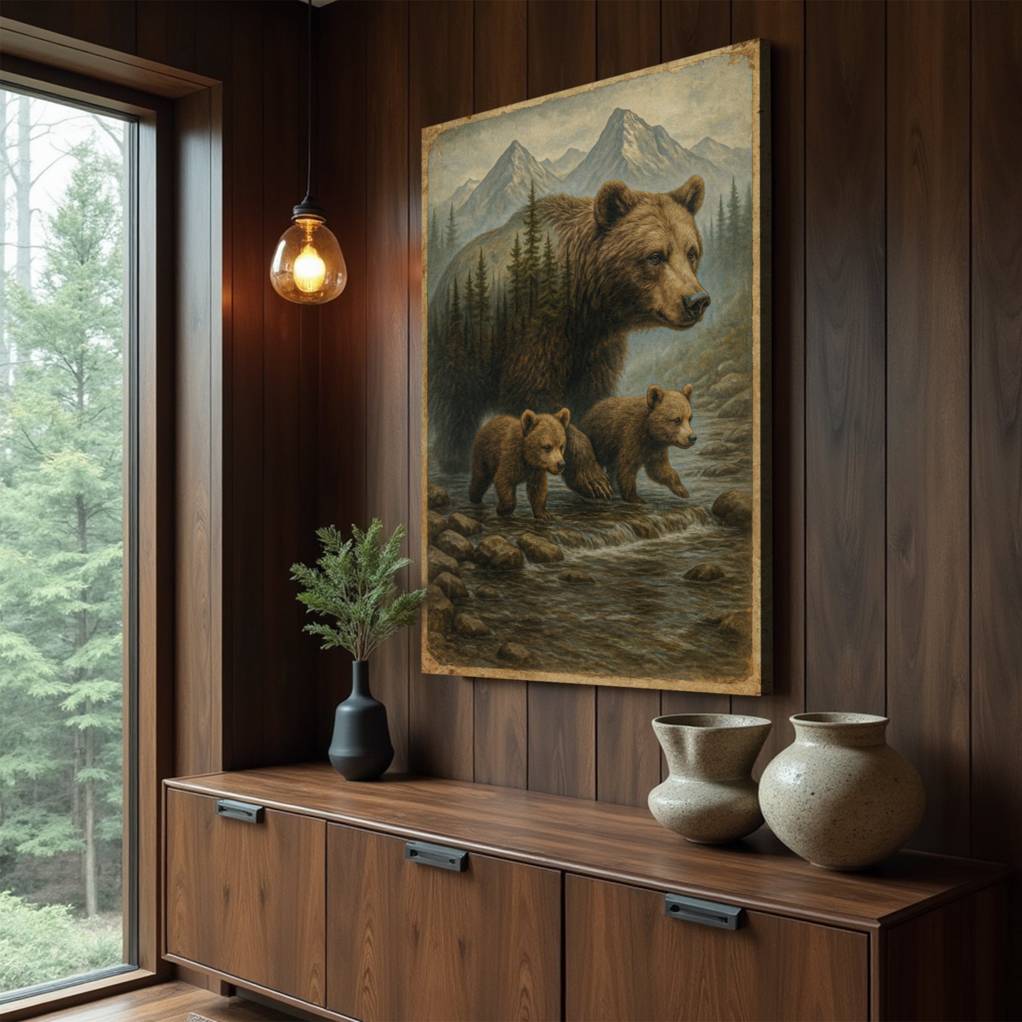 Mother Bear and Cubs Crossing Double Exposure Wall Art on sale at MyriadMart