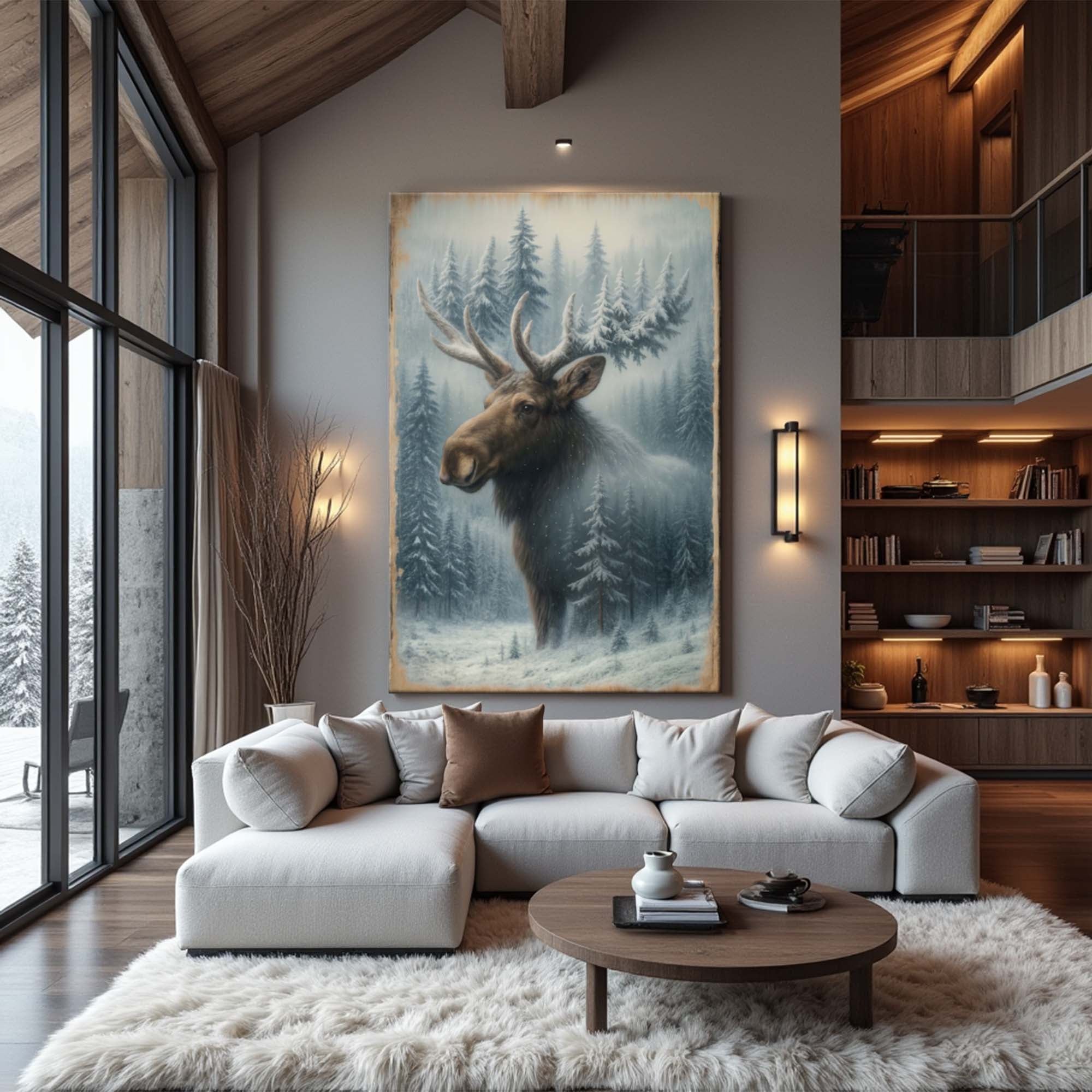 Snowy Forest Moose Double Exposure Wall Art on sale at MyriadMart